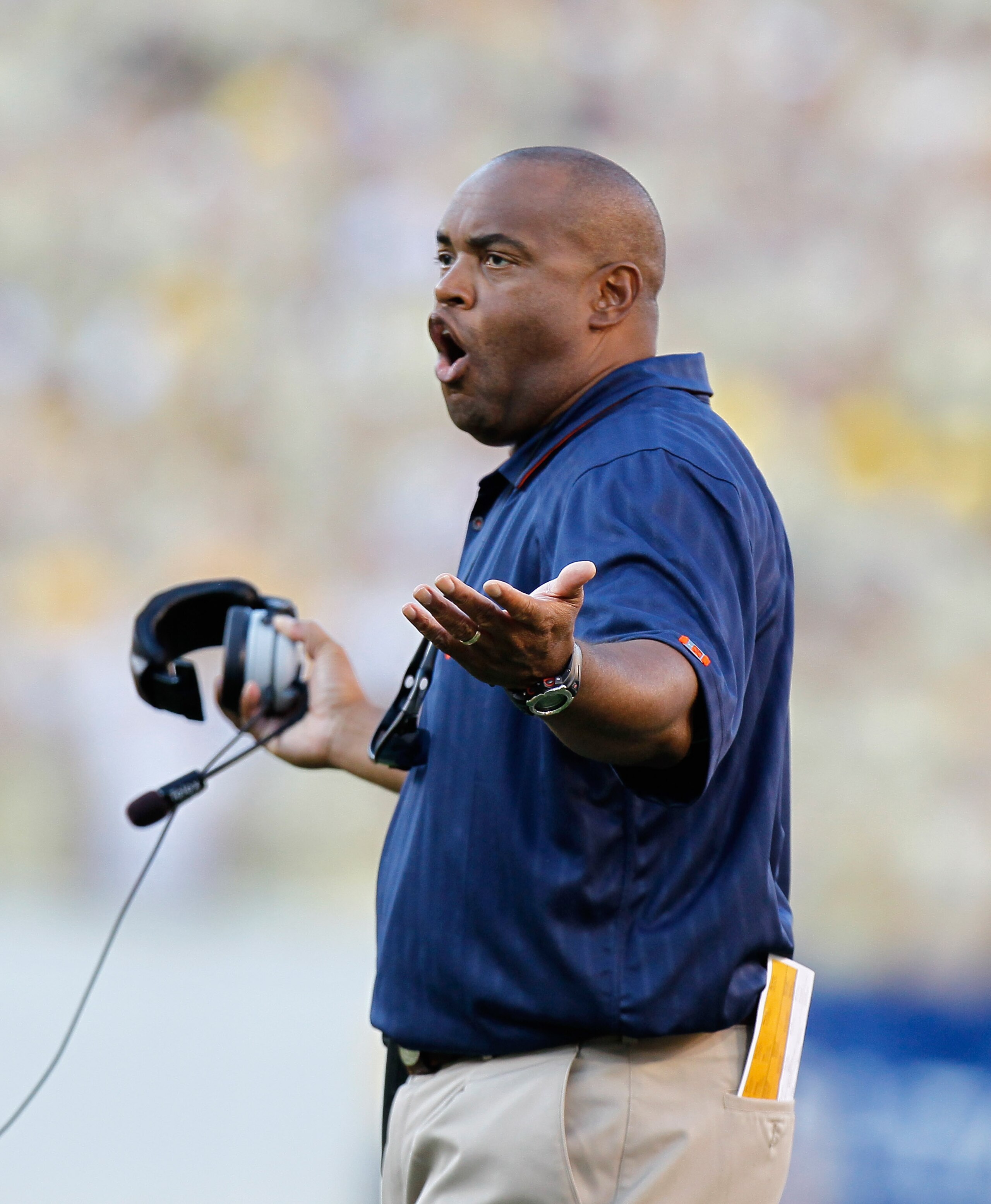 ATLANTA - OCTOBER 09:  Head coach Mike London of the Virginia Cavaliers questions a call during the game against the Georgia Tech Yellow Jackets at Bobby Dodd Stadium on October 9, 2010 in Atlanta, Georgia.  (Photo by Kevin C. Cox/Getty Images)