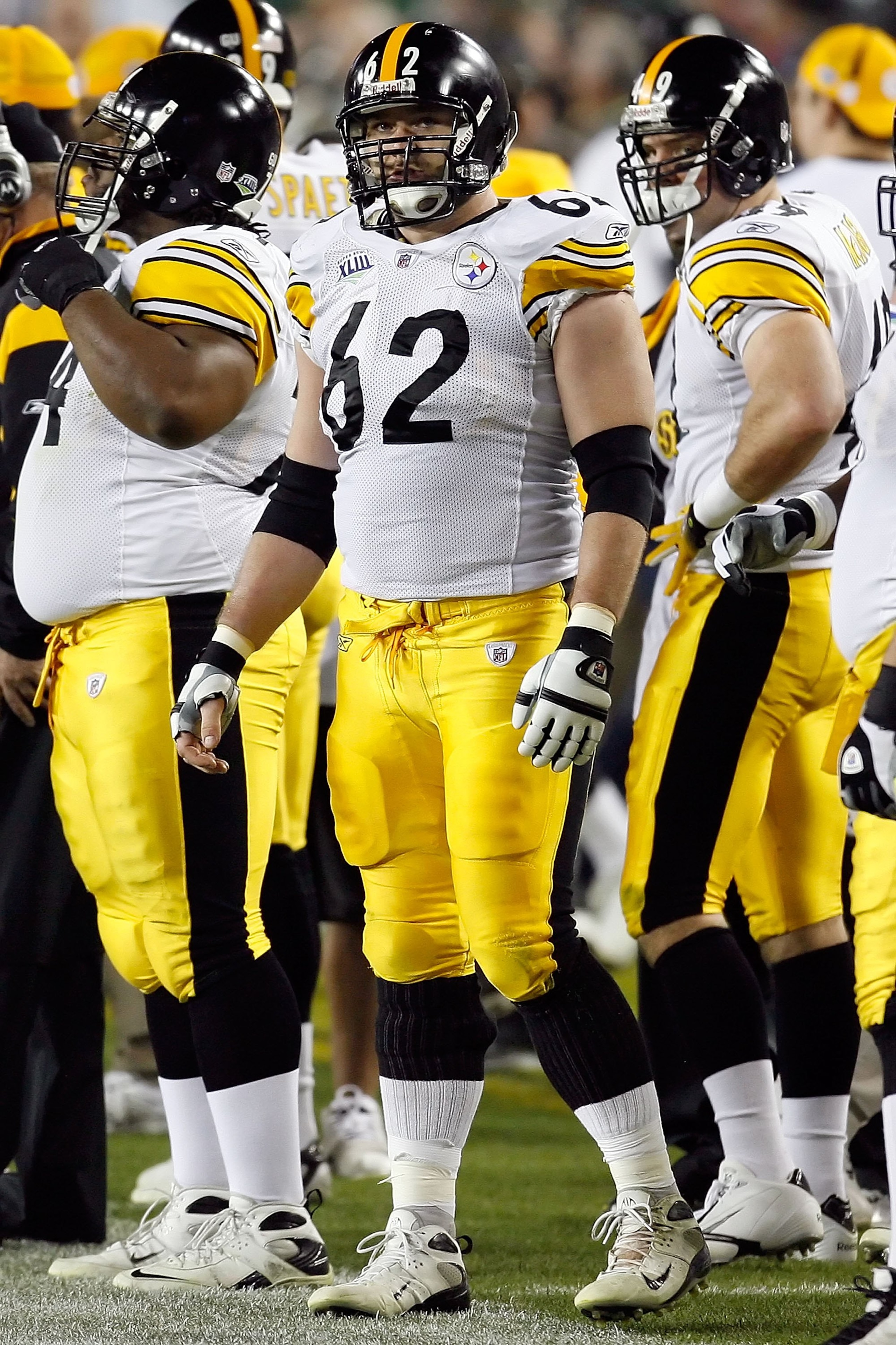 TAMPA, FL - FEBRUARY 01:  Center Justin Hartwig #62 of the Pittsburgh Steelers looks on from the sideline against the Arizona Cardinals during Super Bowl XLIII on February 1, 2009 at Raymond James Stadium in Tampa, Florida.  (Photo by Kevin C. Cox/Getty I