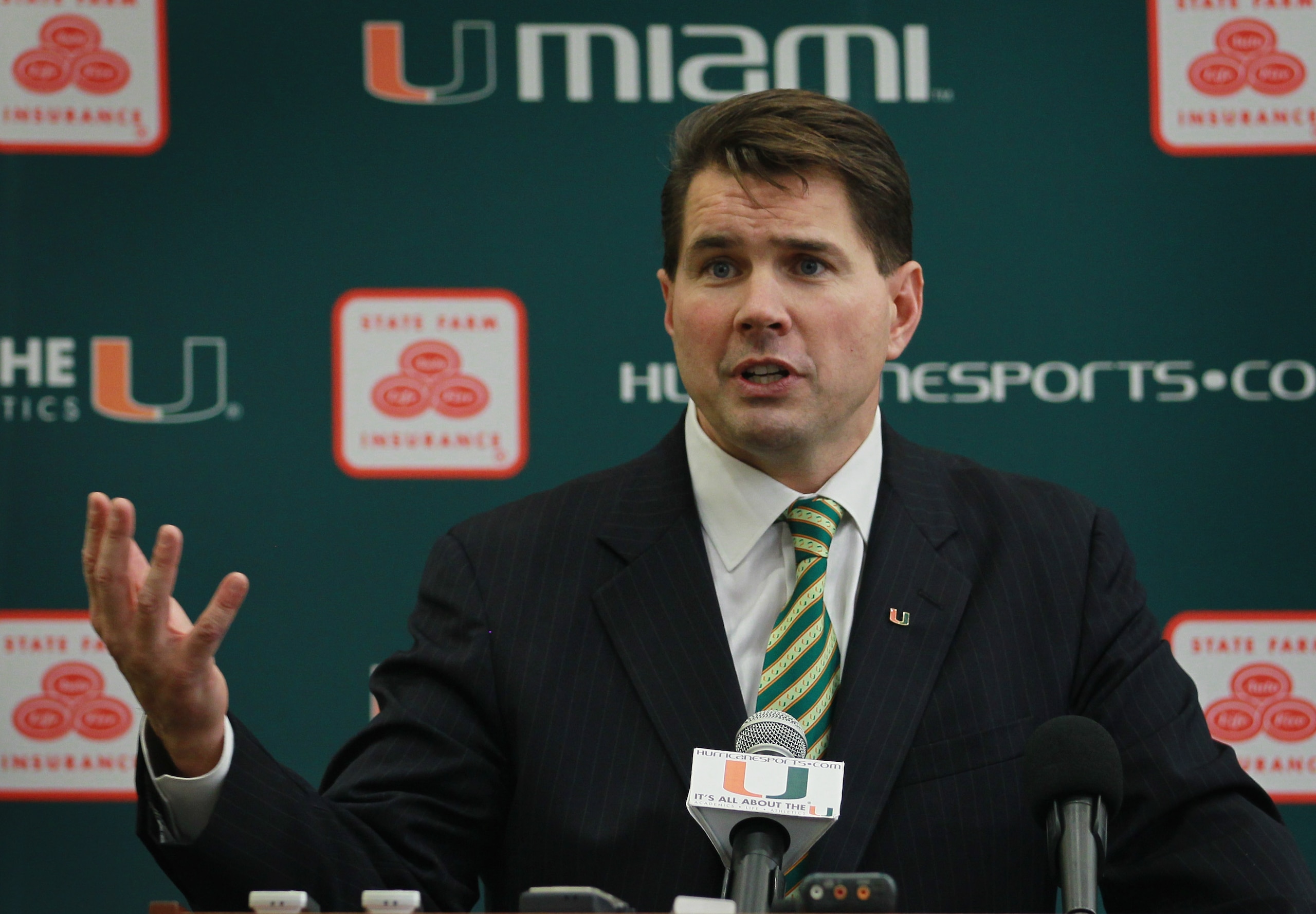 CORAL GABLES, FL - DECEMBER 13:  Former Temple University football coach Al Golden, 41, speaks to the media after being introduced as the new head coach at the University of Miami  on December 13, 2010 in Coral Gables, Florida.  Golden is replacing Randy