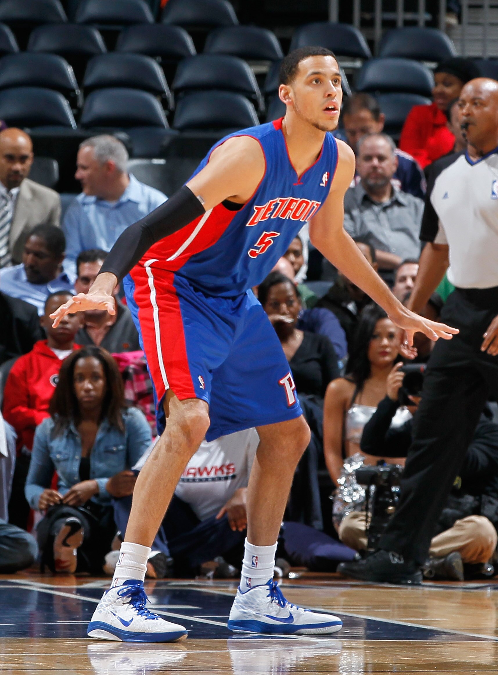 ATLANTA - NOVEMBER 03:  Austin Daye #5 of the Detroit Pistons against the Atlanta Hawks at Philips Arena on November 3, 2010 in Atlanta, Georgia.  NOTE TO USER: User expressly acknowledges and agrees that, by downloading and/or using this Photograph, User