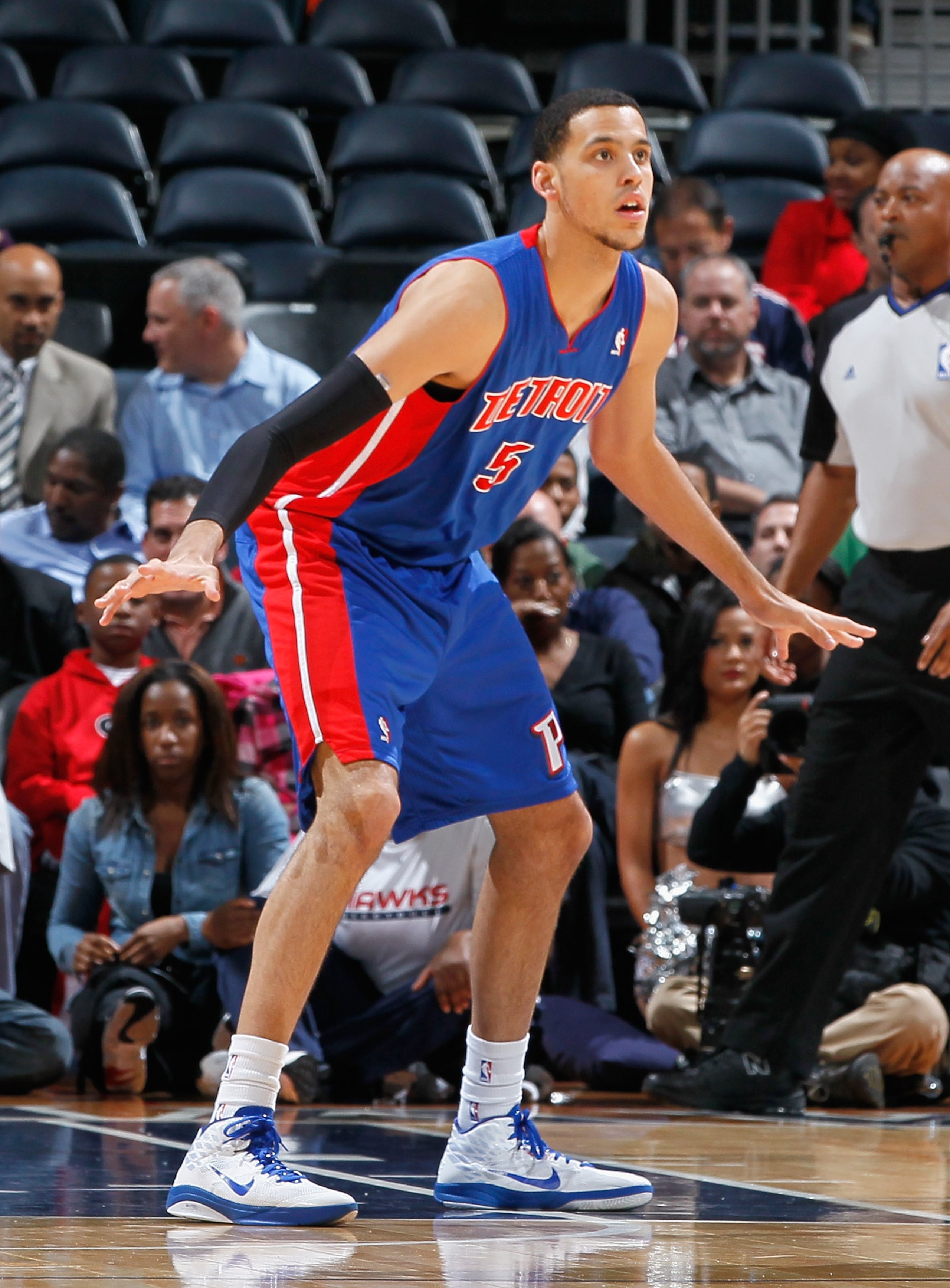 ATLANTA - NOVEMBER 03:  Austin Daye #5 of the Detroit Pistons against the Atlanta Hawks at Philips Arena on November 3, 2010 in Atlanta, Georgia.  NOTE TO USER: User expressly acknowledges and agrees that, by downloading and/or using this Photograph, User