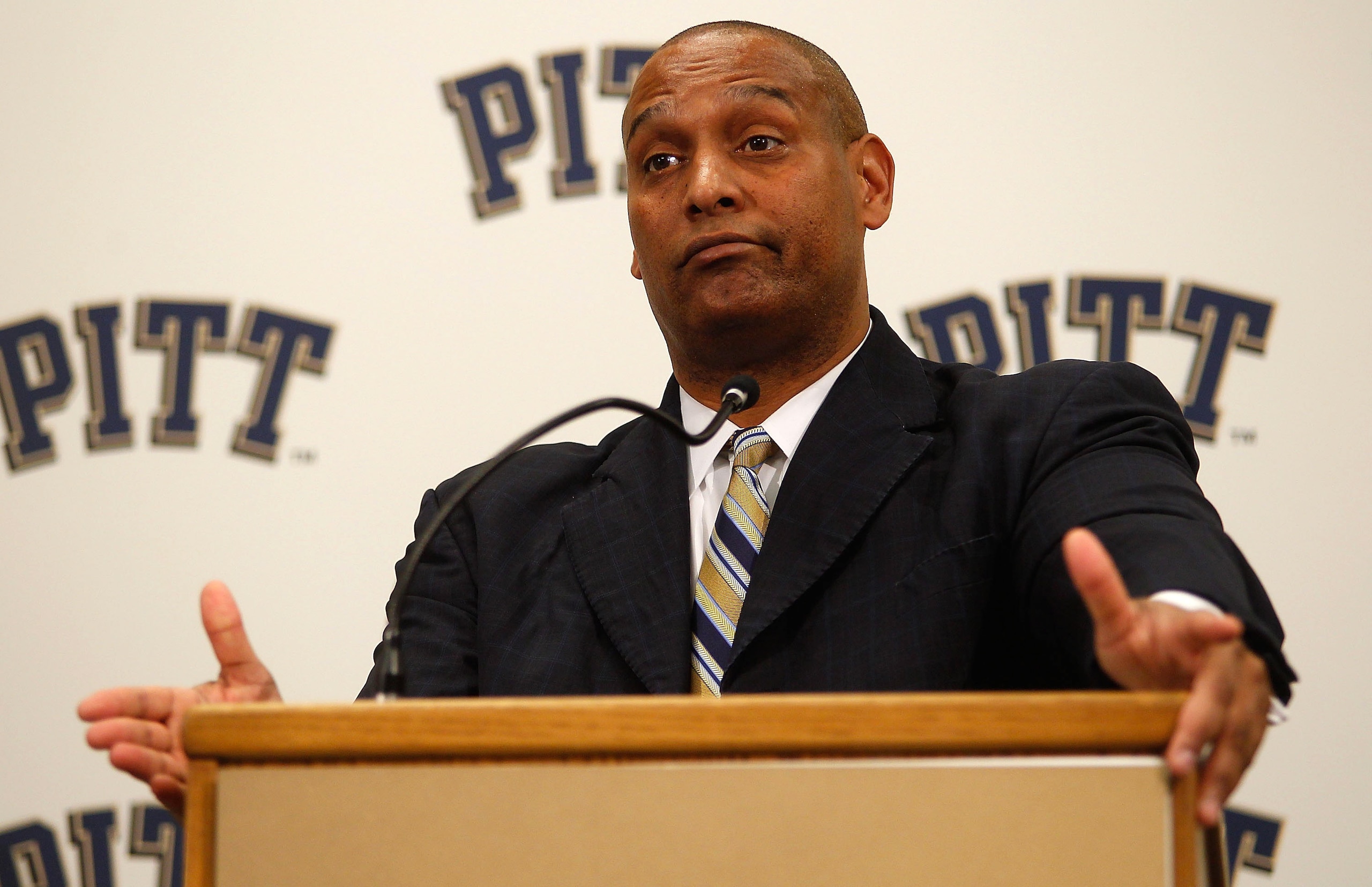 PITTSBURGH - DECEMBER 16:  The new University of Pittsburgh head football coach, Mike Haywood, speaks during a press conference on December 16, 2010 at the University of Pittsburgh Panthers South Side training facility in Pittsburgh, Pennsylvania.  (Photo