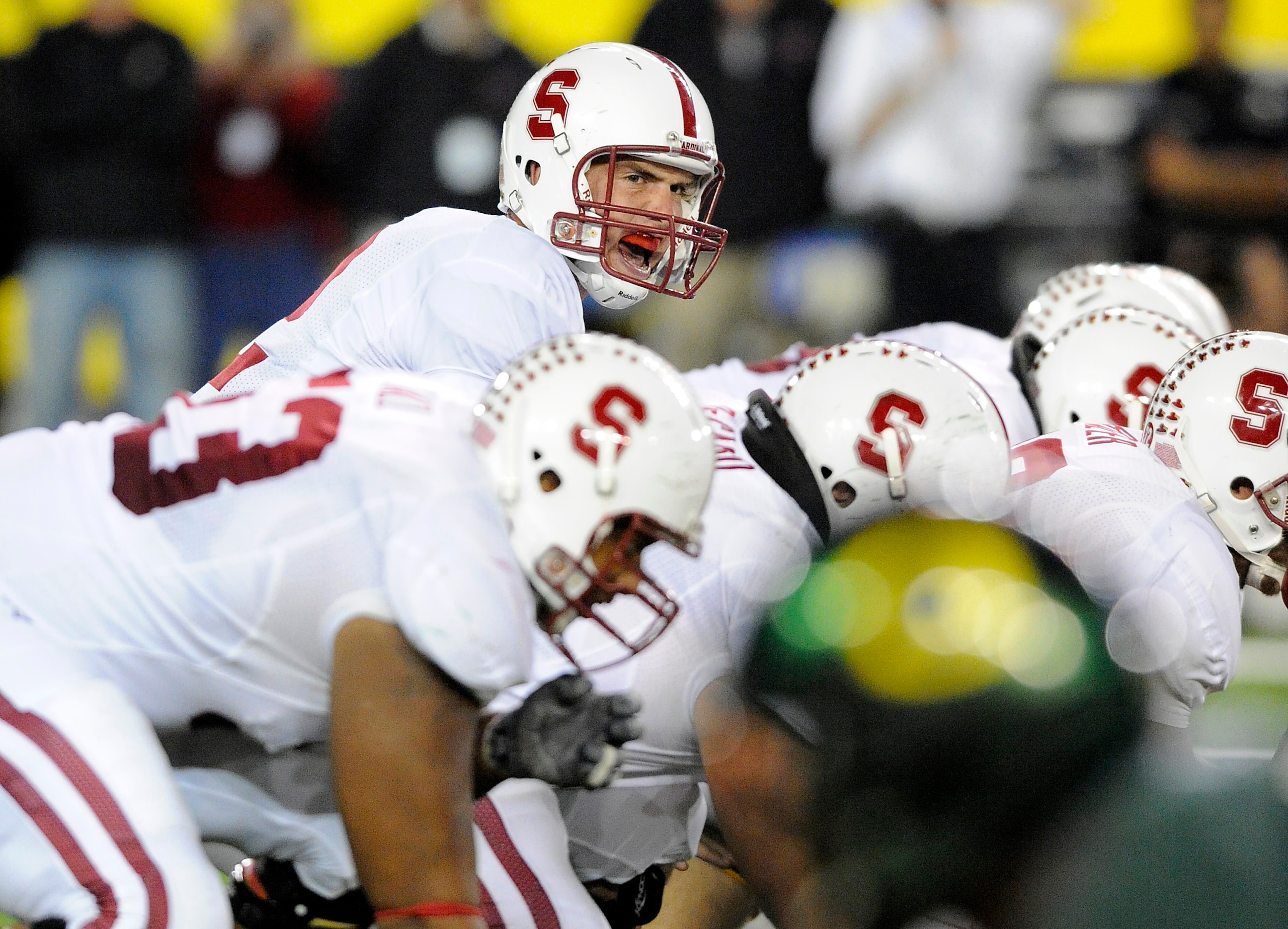 EUGENE, OR - OCTOBER 2: Quarterback Andrew Luck #12 of the Stanford Cardinal calls out signals at the line of scrimmage in the second quarter of the game against the Oregon Ducks at Autzen Stadium on October 2, 2010 in Eugene, Oregon. Oregon won the game EUGENE, OR - OCTOBER 2: Quarterback Andrew Luck #12 of the Stanford Cardinal calls out signals at the line of scrimmage in the second quarter of the game against the Oregon Ducks at Autzen Stadium on October 2, 2010 in Eugene, Oregon. Oregon won the game