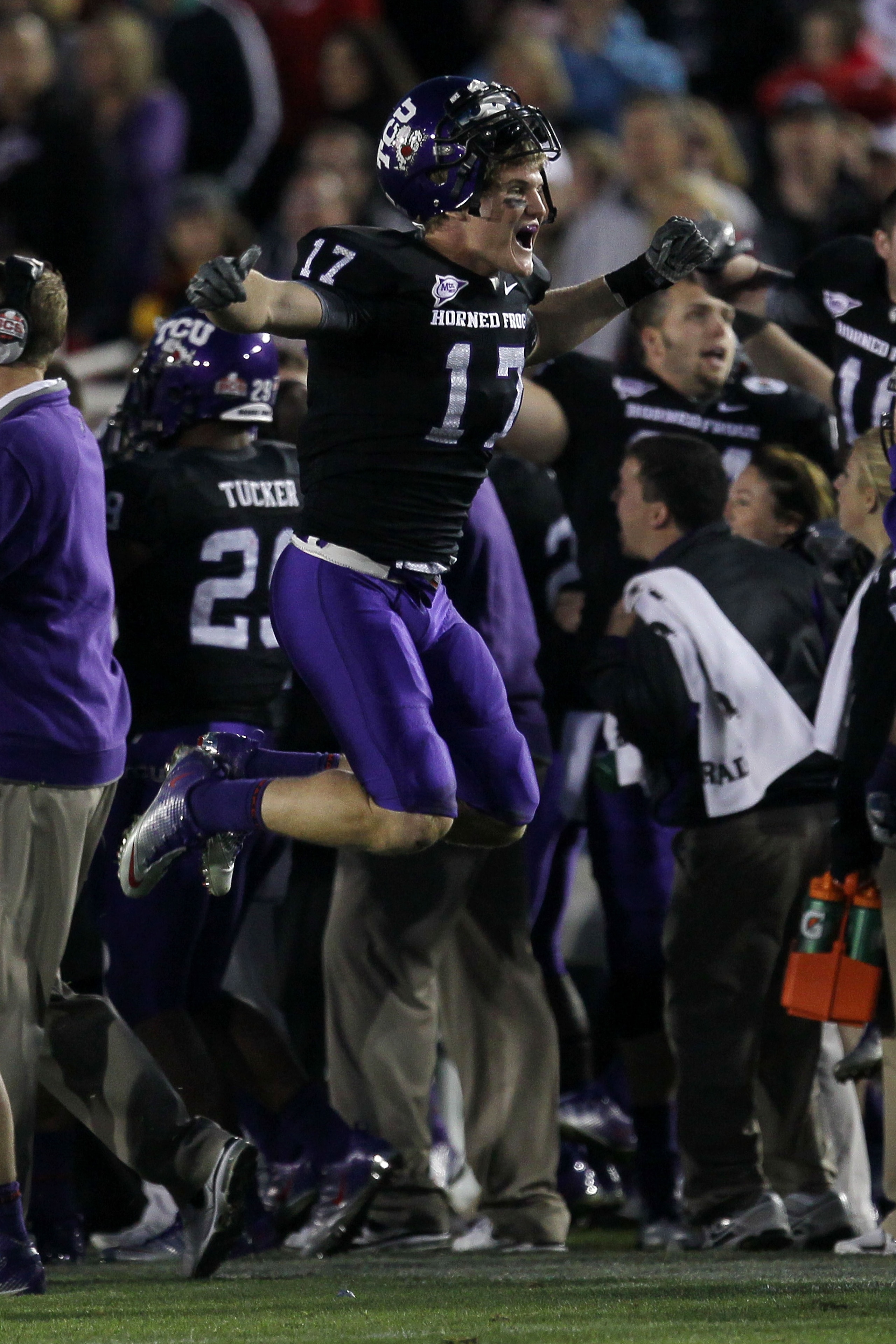PASADENA, CA - JANUARY 01:  Safety Tyler Luttrell #17 of the TCU Horned Frogs celebrates in the final moments of their 21-19 win over the Wisconsin Badgers in the 97th Rose Bowl game on January 1, 2011 in Pasadena, California.  (Photo by Stephen Dunn/Gett