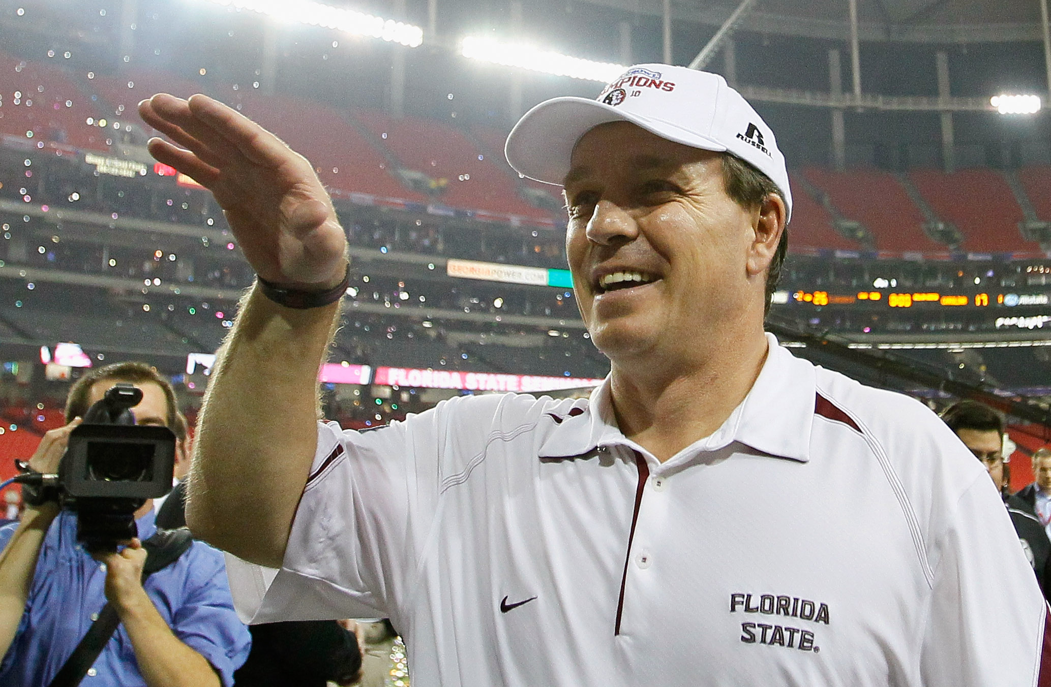 ATLANTA, GA - DECEMBER 31:  Head coach Jimbo Fisher of the Florida State Seminoles sideline reacts after their 26-17 win over the South Carolina Gamecocks during the 2010 Chick-fil-A Bowl at Georgia Dome on December 31, 2010 in Atlanta, Georgia.  (Photo b
