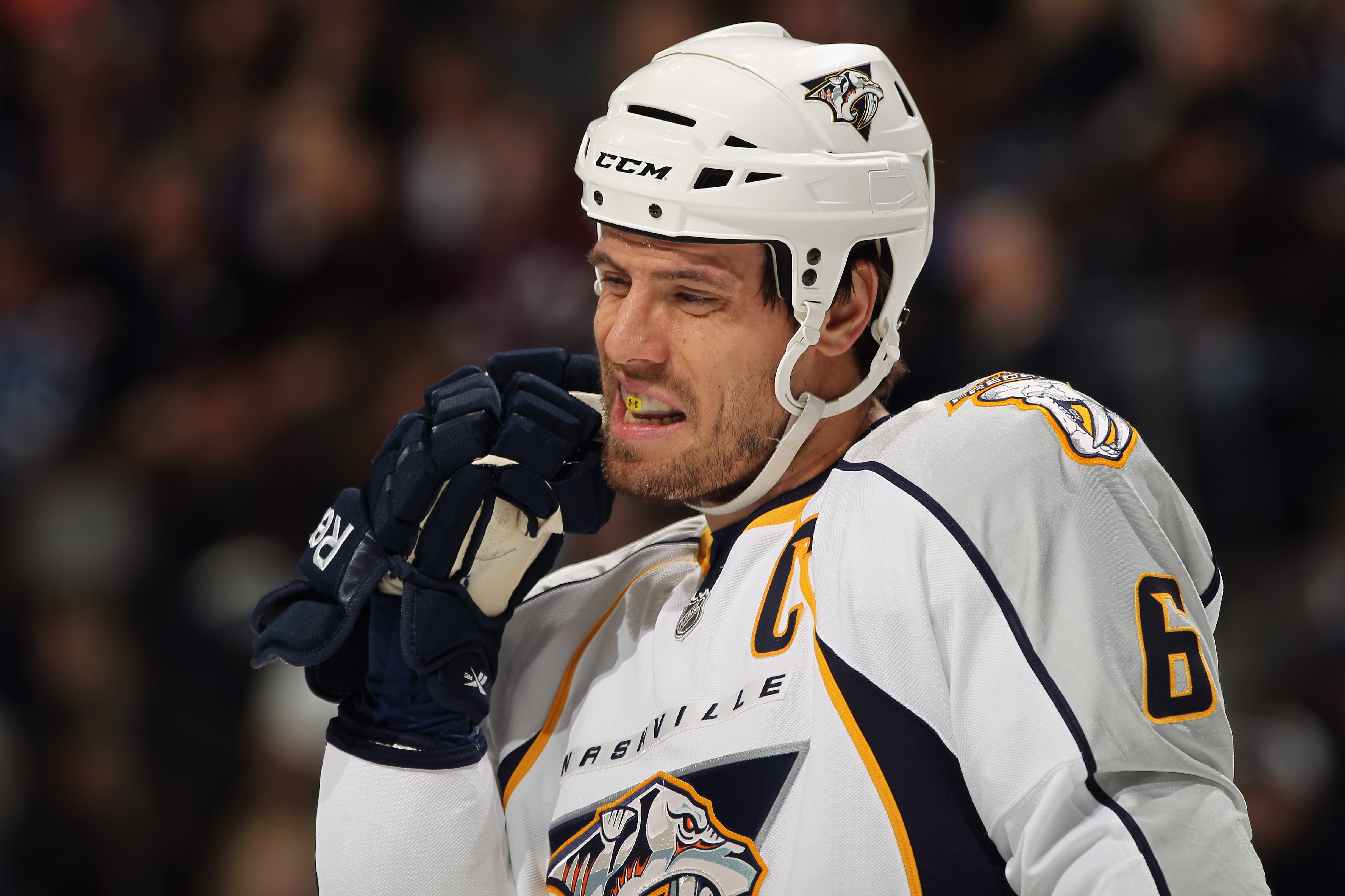 DENVER, CO - JANUARY 20:  Shea Weber #6 of the Nashville Predators looks on during a break in the action against the Colorado Avalanche at the Pepsi Center on January 20, 2011 in Denver, Colorado. The Predators defeated the Avalanche 5-1.  (Photo by Doug