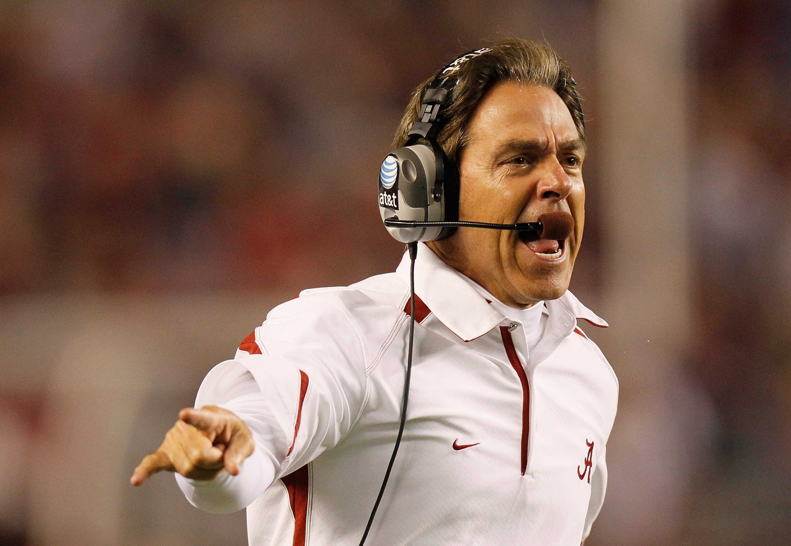 TUSCALOOSA, AL - OCTOBER 16:  Head coach Nick Saban of the Alabama Crimson Tide yells at the officials after a hit by the Ole Miss Rebels at Bryant-Denny Stadium on October 16, 2010 in Tuscaloosa, Alabama.  (Photo by Kevin C. Cox/Getty Images)