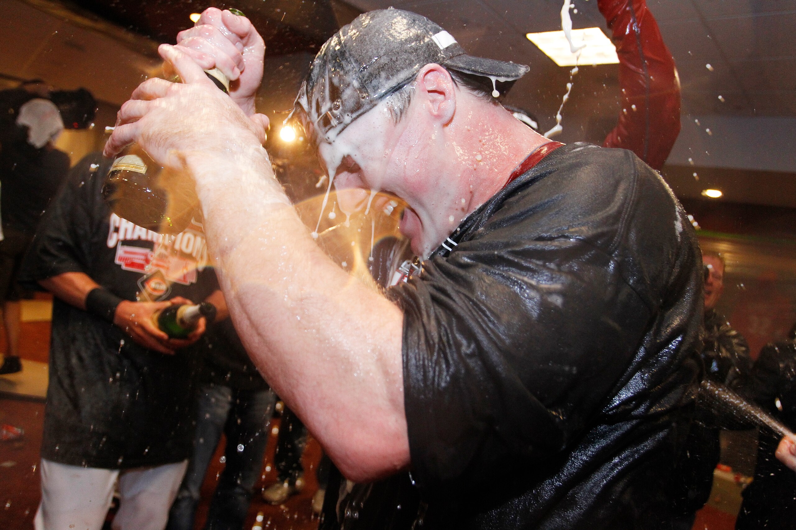 CINCINNATI, OH - SEPTEMBER 28: Jay Bruce of the Cincinnati Reds celebrates following the game against the Houston Astros at Great American Ball Park on September 28, 2010 in Cincinnati, Ohio. The Reds won 3-2 to clinch the NL Central Division title after