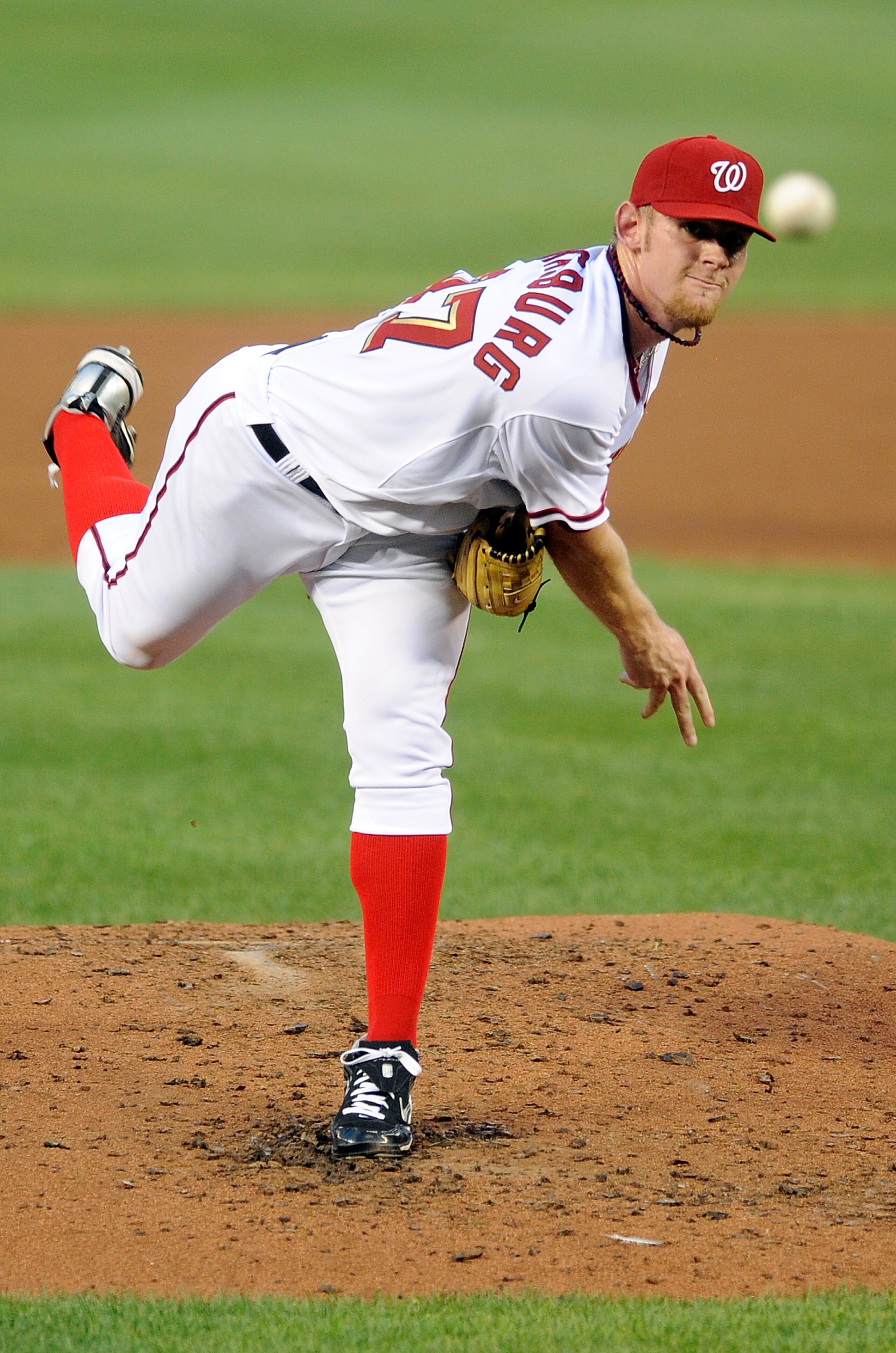 WASHINGTON - AUGUST 10:  Stephen Strasburg #37 of the Washington Nationals pitches against the Florida Marlins at Nationals Park on August 10, 2010 in Washington, DC.  (Photo by Greg Fiume/Getty Images)