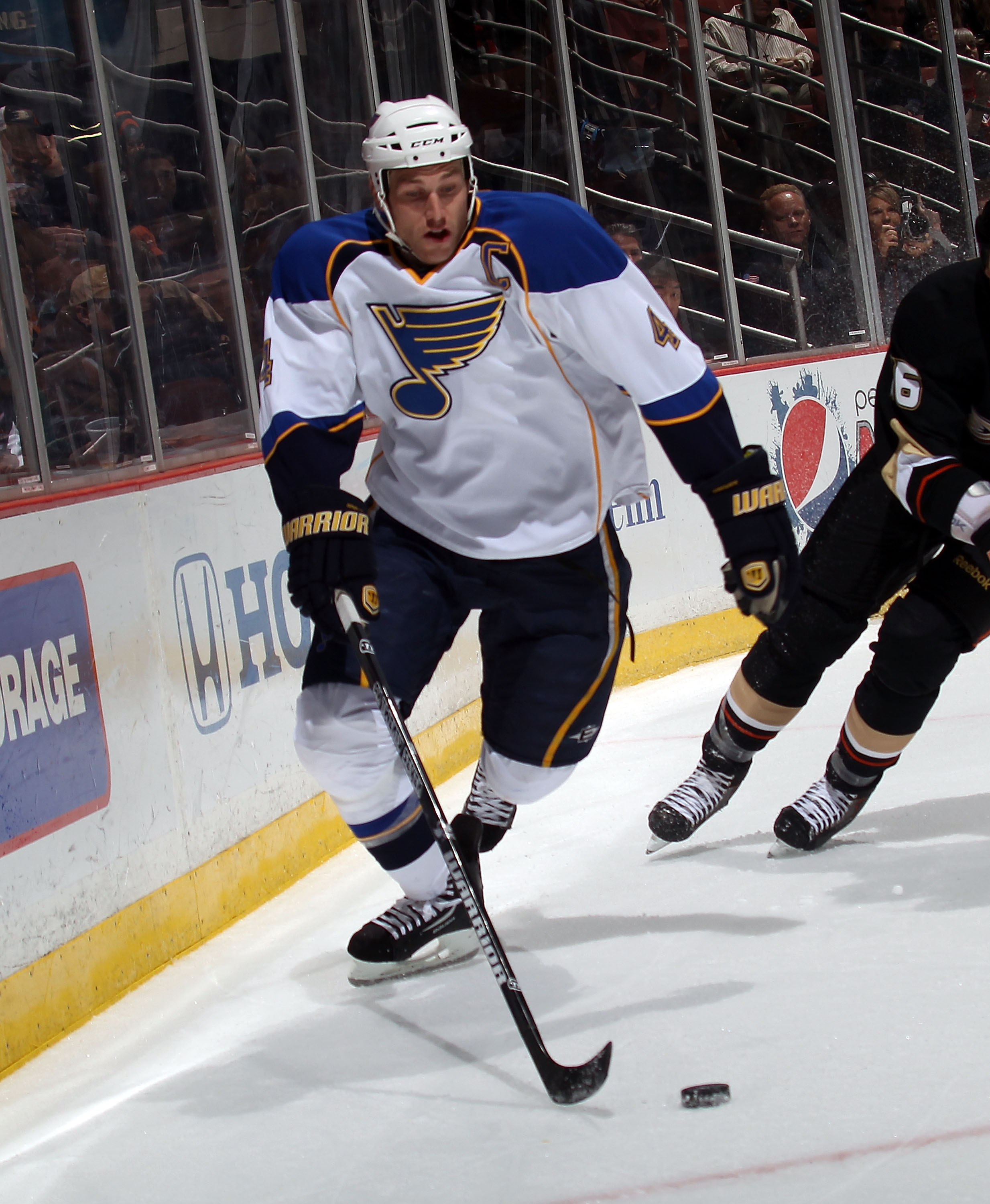 ANAHEIM, CA - JANUARY 12:  Eric Brewer #4 of the St. Louis Blues skates against the Anaheim Ducks at the Honda Center on January 12, 2011 in Anaheim, California.  (Photo by Bruce Bennett/Getty Images)