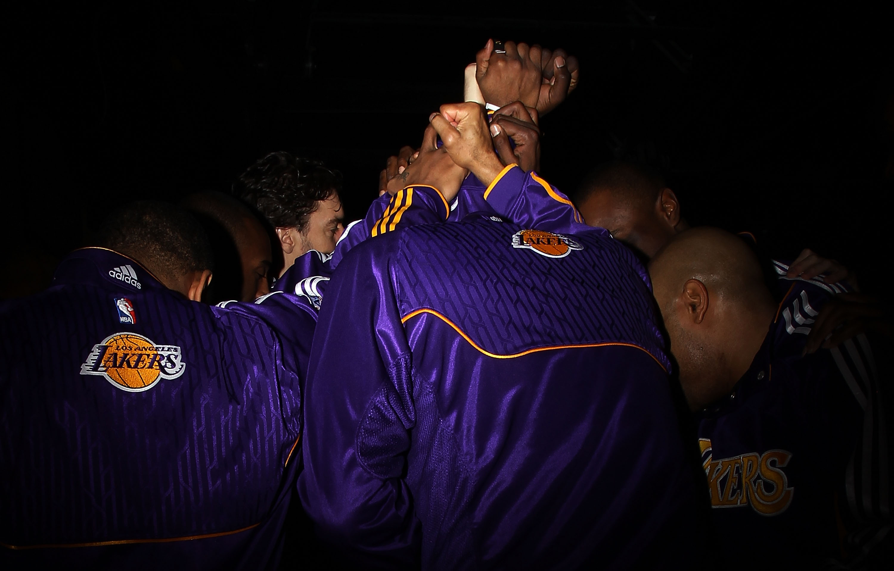 DALLAS, TX - JANUARY 19:  The Los Angeles Lakers huddle before a game against the Dallas Mavericks at American Airlines Center on January 19, 2011 in Dallas, Texas.  NOTE TO USER: User expressly acknowledges and agrees that, by downloading and or using th