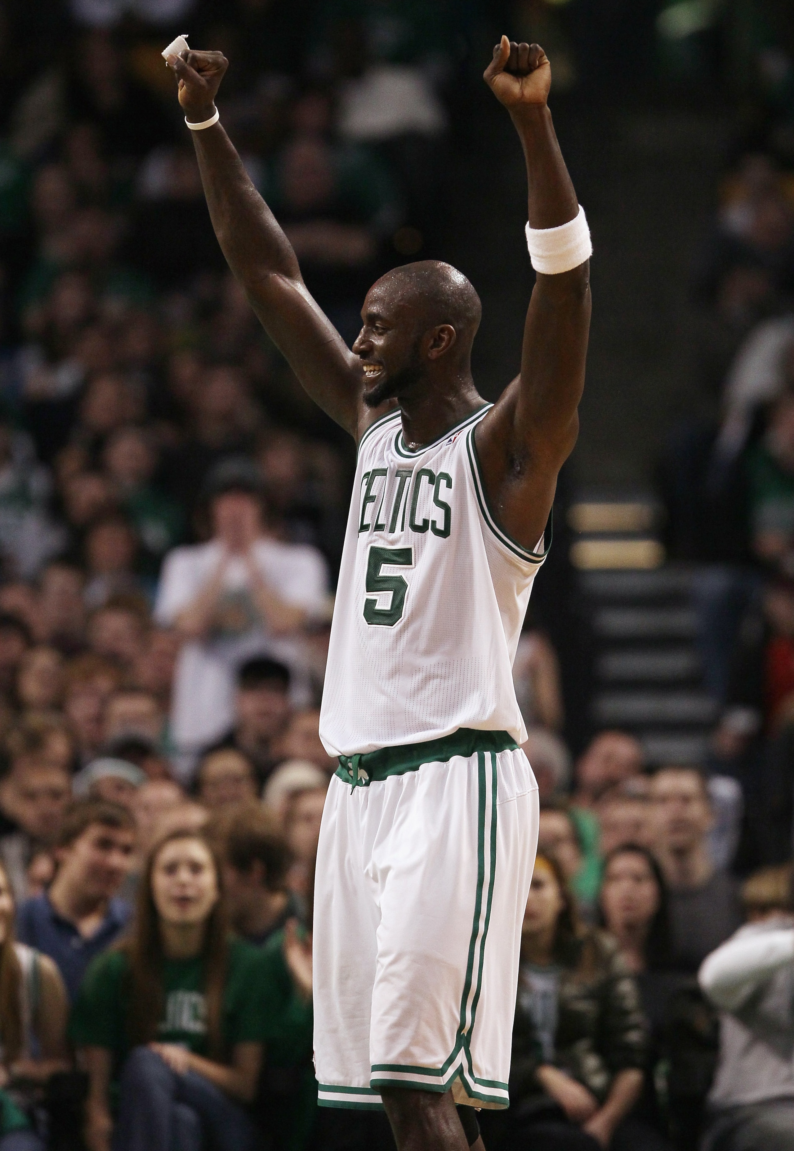 BOSTON, MA - JANUARY 21:  Kevin Garnett #5 of the Boston Celtics celebrates after teammate Ray Allen attempted to block a shot by the Utah Jazz on January 21, 2011 at the TD Garden in Boston, Massachusetts.  The Celtics defeated the Jazz 110-86. NOTE TO U