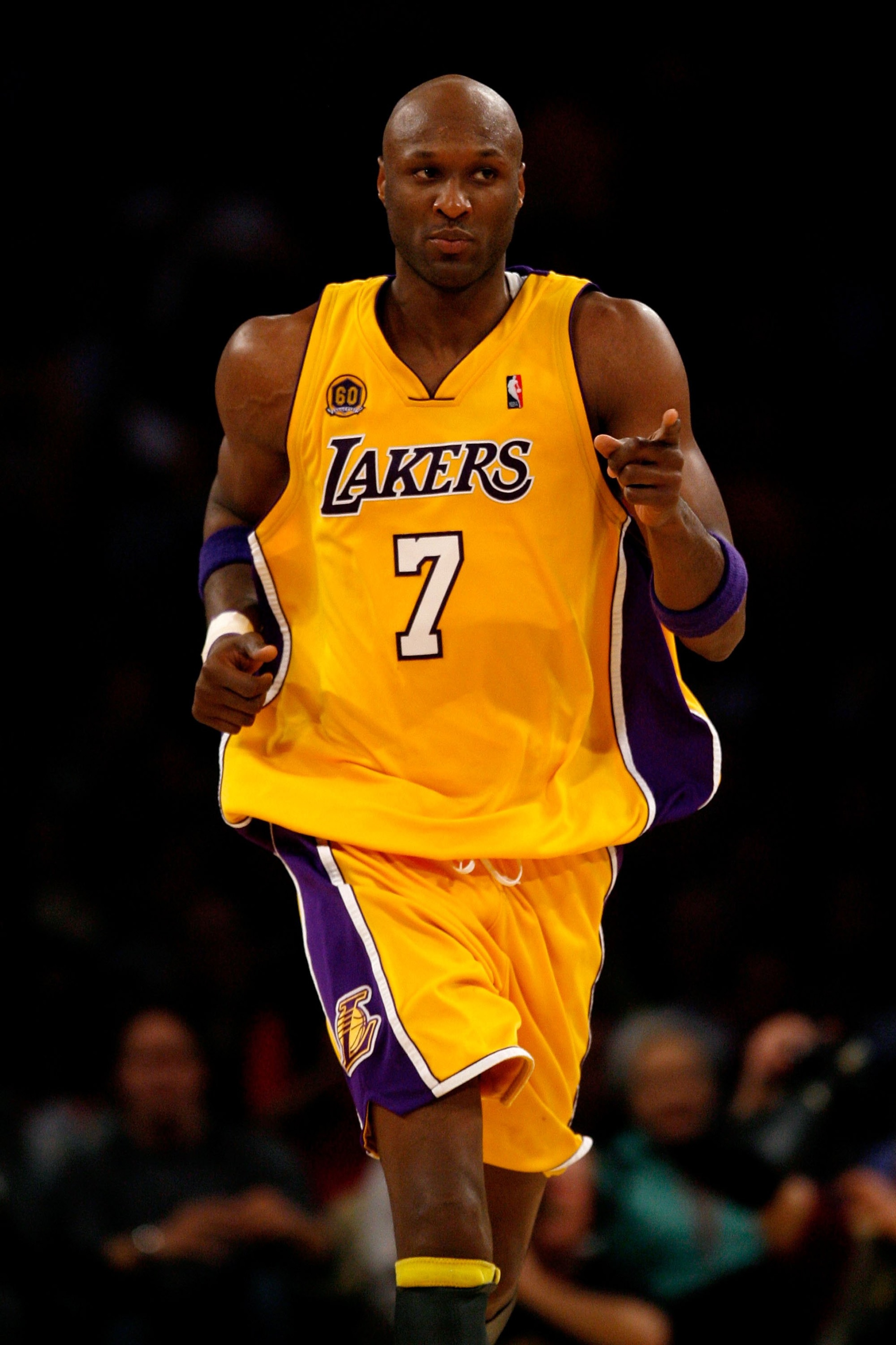 LOS ANGELES, CA - APRIL 23:  Lamar Odom #7 of the Los Angeles Lakers points at a teammate in Game Two of the Western Conference Quarterfinals against the Denver Nuggets during the 2008 NBA Playoffs on April 23, 2008 at Staples Center in Los Angeles, Calif