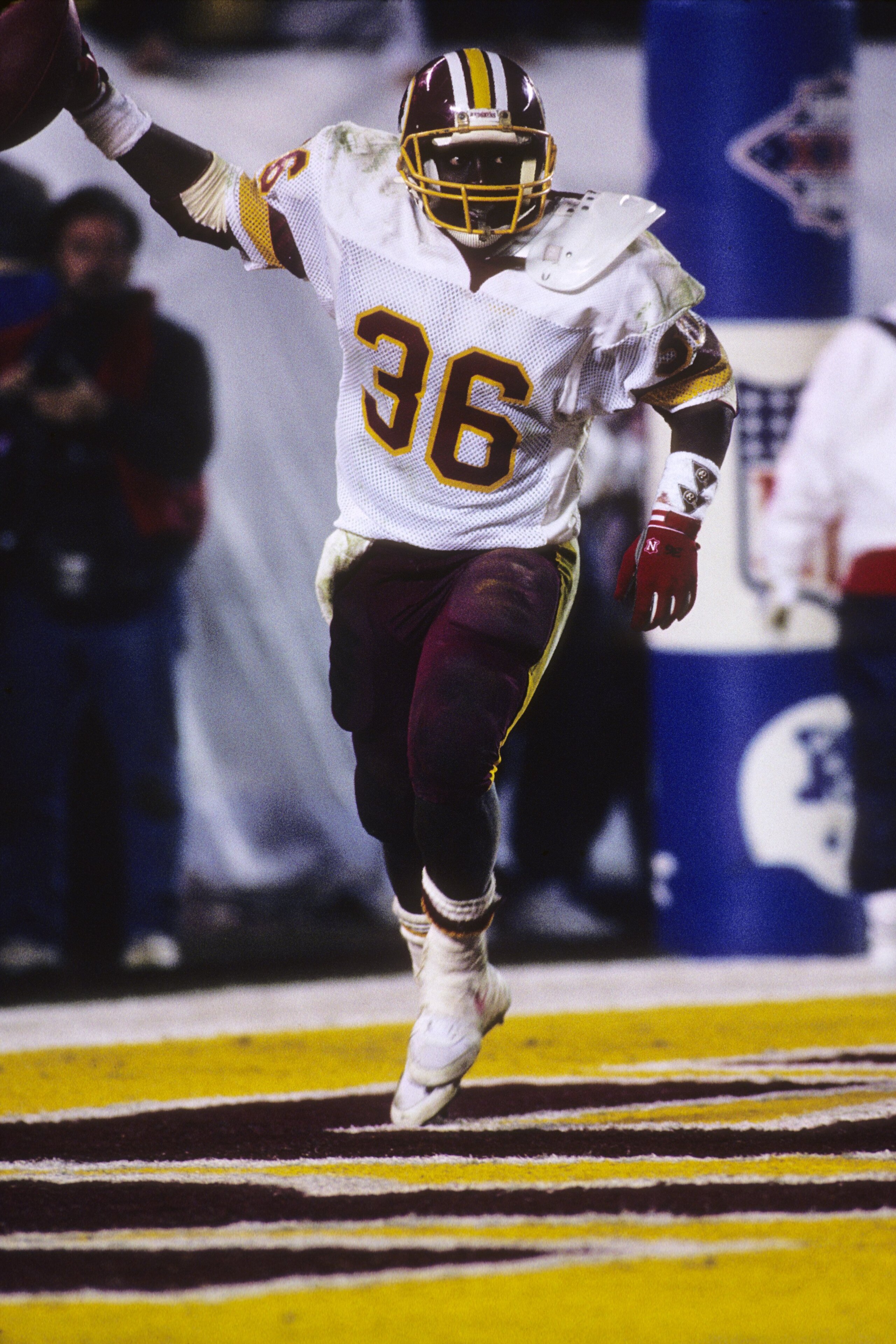 SAN DIEGO - JANUARY 31:  Running back Timmy Smith #36 of the Washington Redskins celebrates his touchdown run during Super Bowl XXII against Denver Broncos at Jack Murphy Stadium on January 31, 1988 in San Diego, California.  The Redskins won 42-10.  (Pho