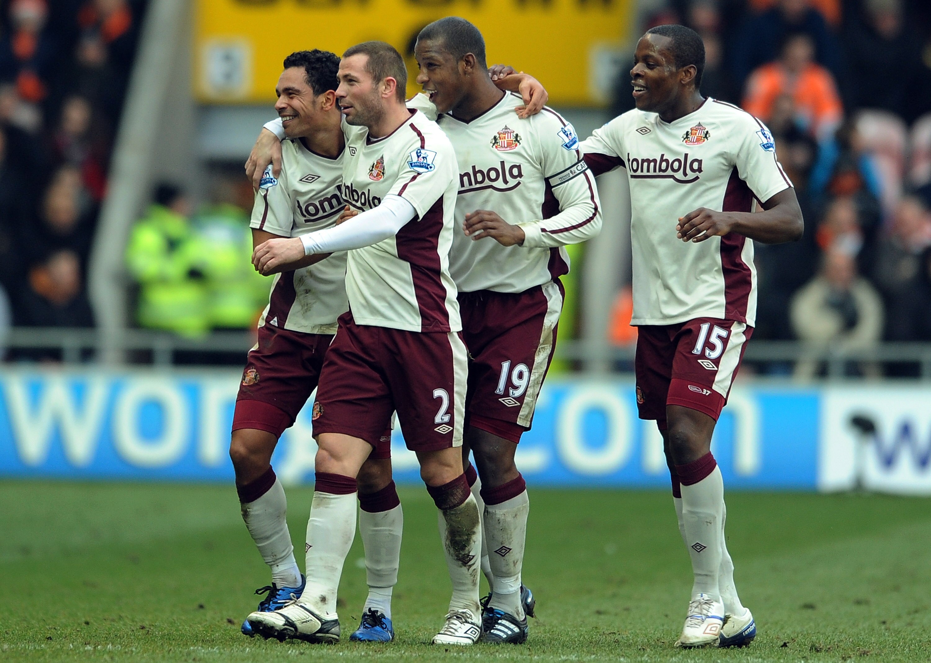 BLACKPOOL, ENGLAND - JANUARY 22:  Kieran Richardson of Sunderland is congratulated by his team-mates after scoring to make it 2-0 during the Barclays Premier League match between Blackpool and Sunderland at Bloomfield Road on January 22, 2011 in Blackpool