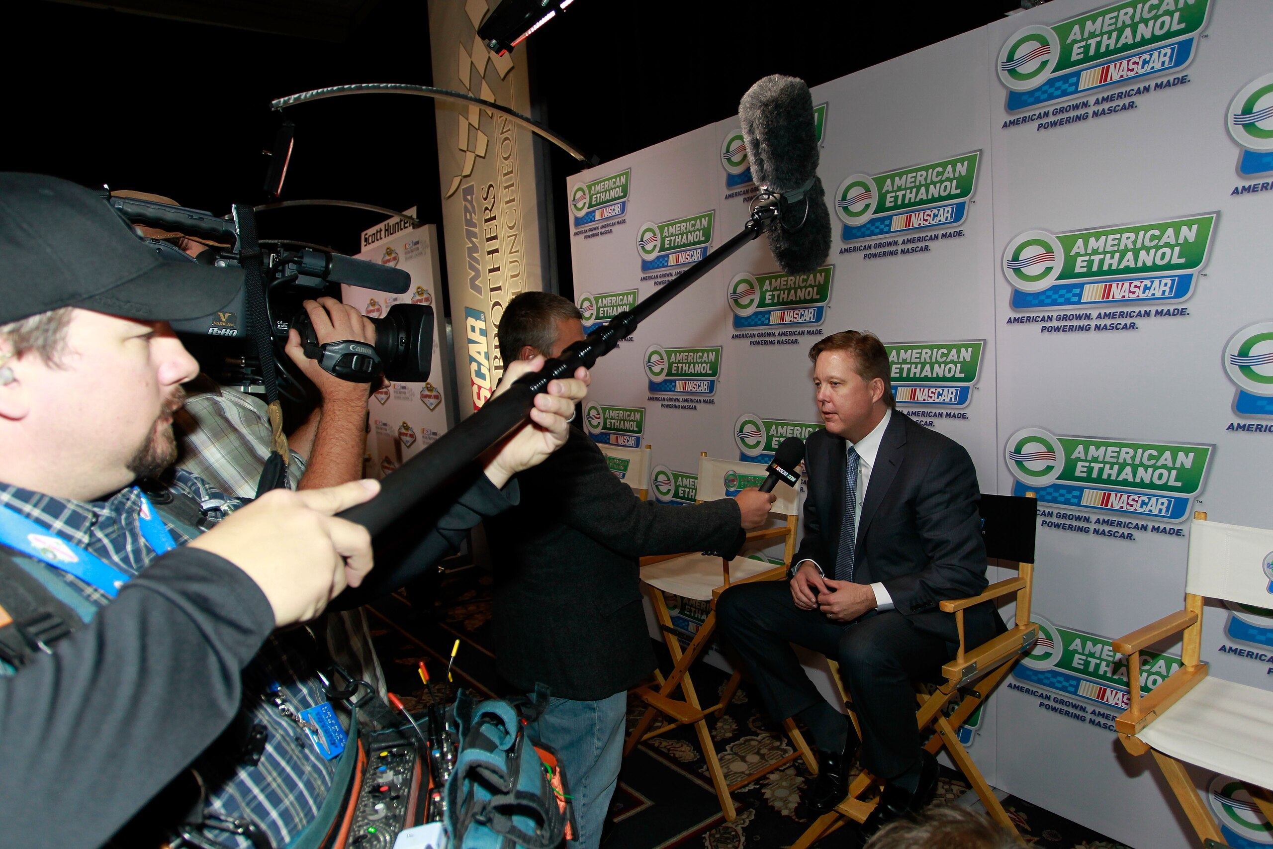 LAS VEGAS, NV - DECEMBER 02:  NASCAR Chairman and CEO Brian France (R) speaks to the media after announcing that American Ethanol led by Growth Energy will becomes an Official Partner of NASCAR after the NASCAR Sprint Cup Series Champions Week NMPA Myers
