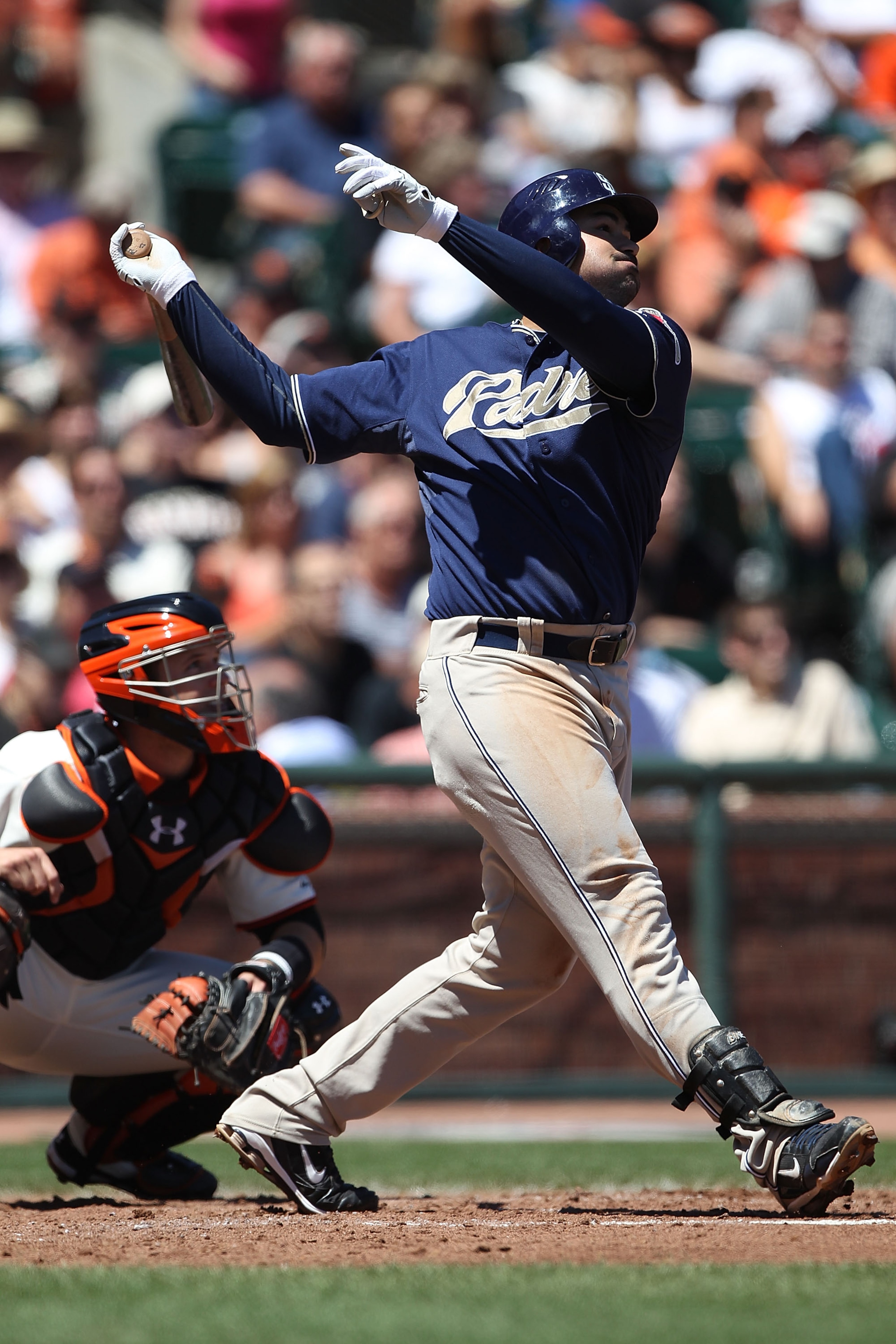 SAN FRANCISCO - AUGUST 14:  Adrian Gonzalez #23 of the San Diego Padres bats against the San Francisco Giants during an MLB game at AT&T Park on August 14, 2010 in San Francisco, California.  (Photo by Jed Jacobsohn/Getty Images)