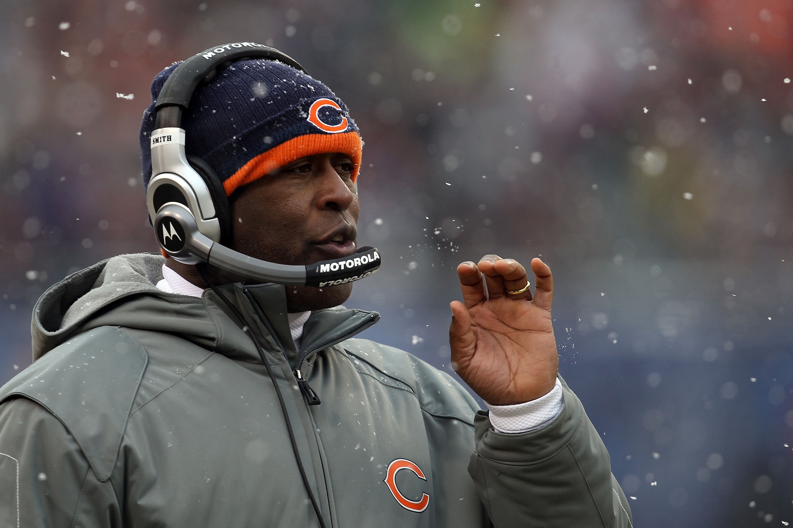 CHICAGO, IL - JANUARY 16:  Head coach Lovie Smith of the Chicago Bears looks on in the first half against the Seattle Seahawks in the 2011 NFC divisional playoff game at Soldier Field on January 16, 2011 in Chicago, Illinois.  (Photo by Jonathan Daniel/Ge