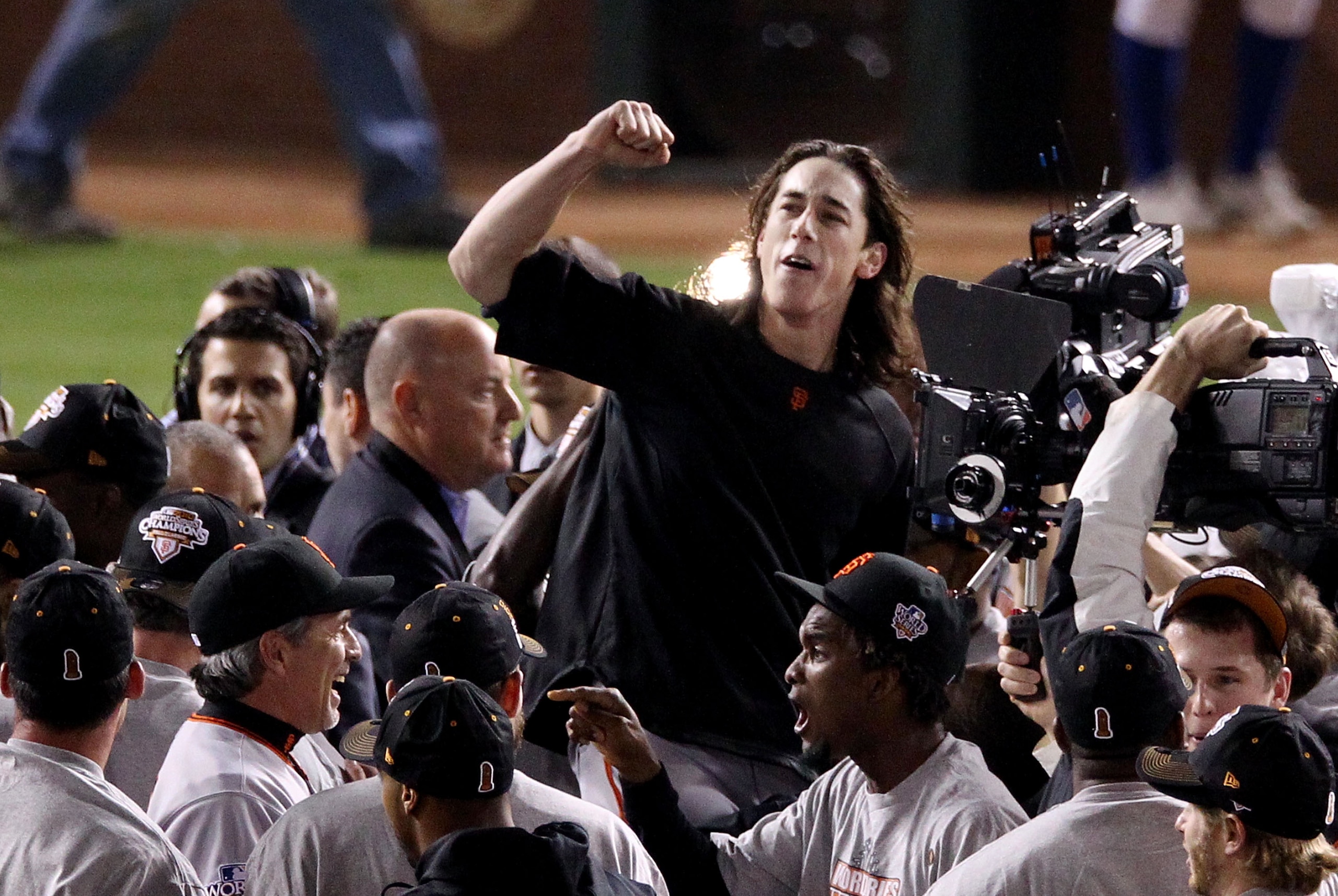 ARLINGTON, TX - NOVEMBER 01:  Pitcher Tim Lincecum #55 of the San Francisco Giants and teammates celebrate defeating the Texas Rangers 3-1 to win the 2010 MLB World Series at Rangers Ballpark in Arlington on November 1, 2010 in Arlington, Texas.  (Photo b