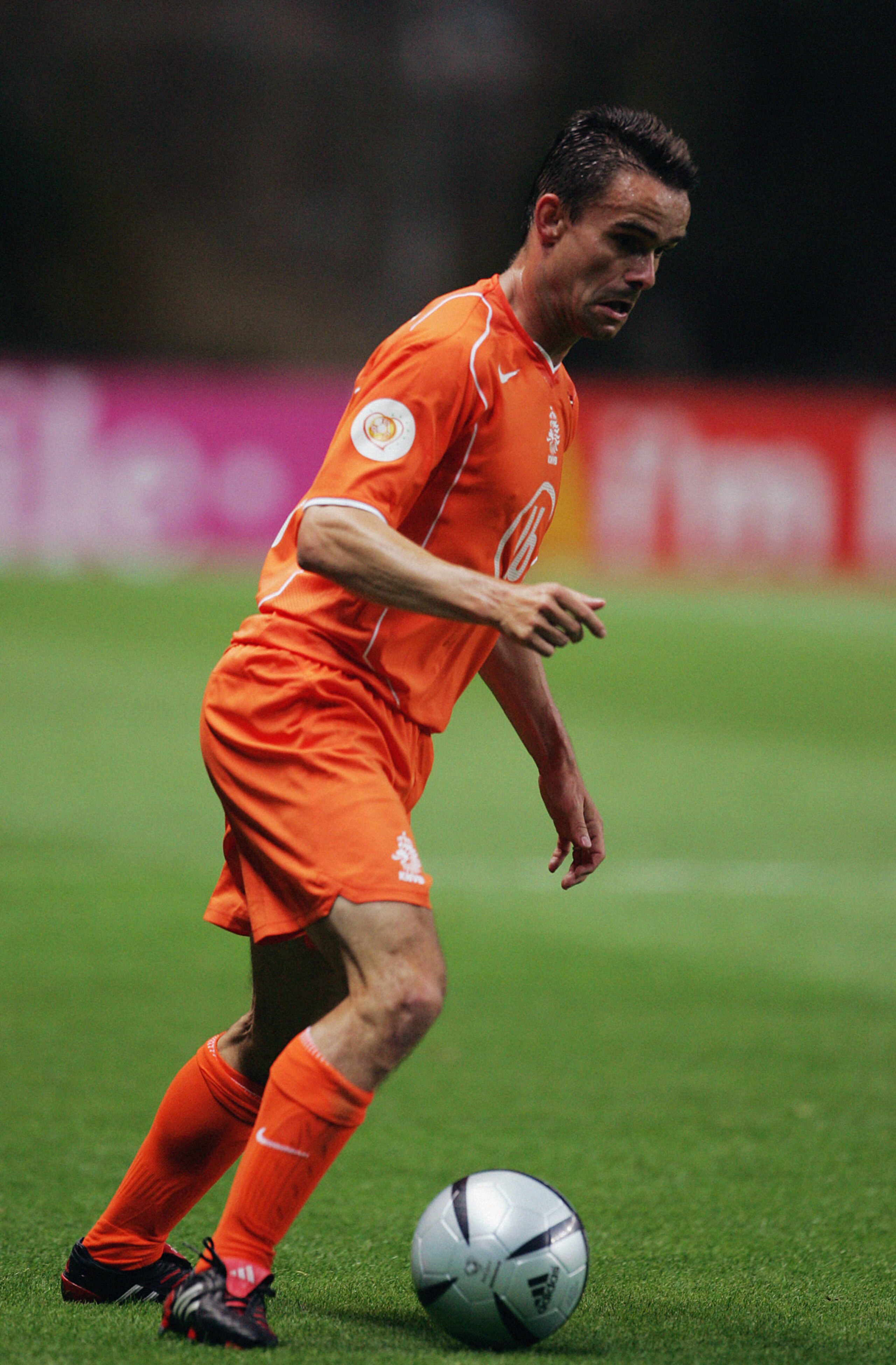 BRAGA, PORTUGAL - JUNE 23:  Marc Overmars of Holland runs with the ball during the UEFA Euro 2004, Group D match between Holland and Latvia at the Braga Municiple Stadium on June 23, 2004 in Braga, Portugal. (Photo by Alex Livesey/Getty Images)