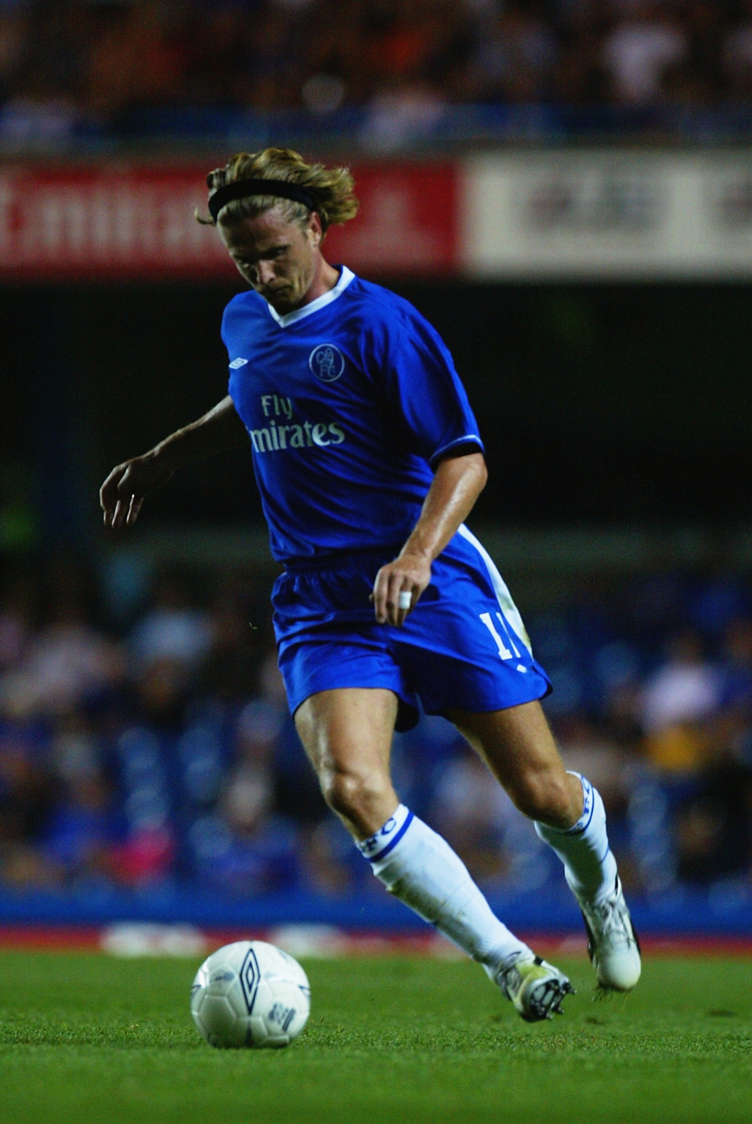 LONDON - AUGUST 26:  Emmanuel Petit of Chelsea looks to strike the ball during the UEFA Champions League Third Round, second leg Qualifier match between Chelsea and MSK Zilina on August 26, 2003 at Stamford Bridge in London, England.  Chelsea won the matc
