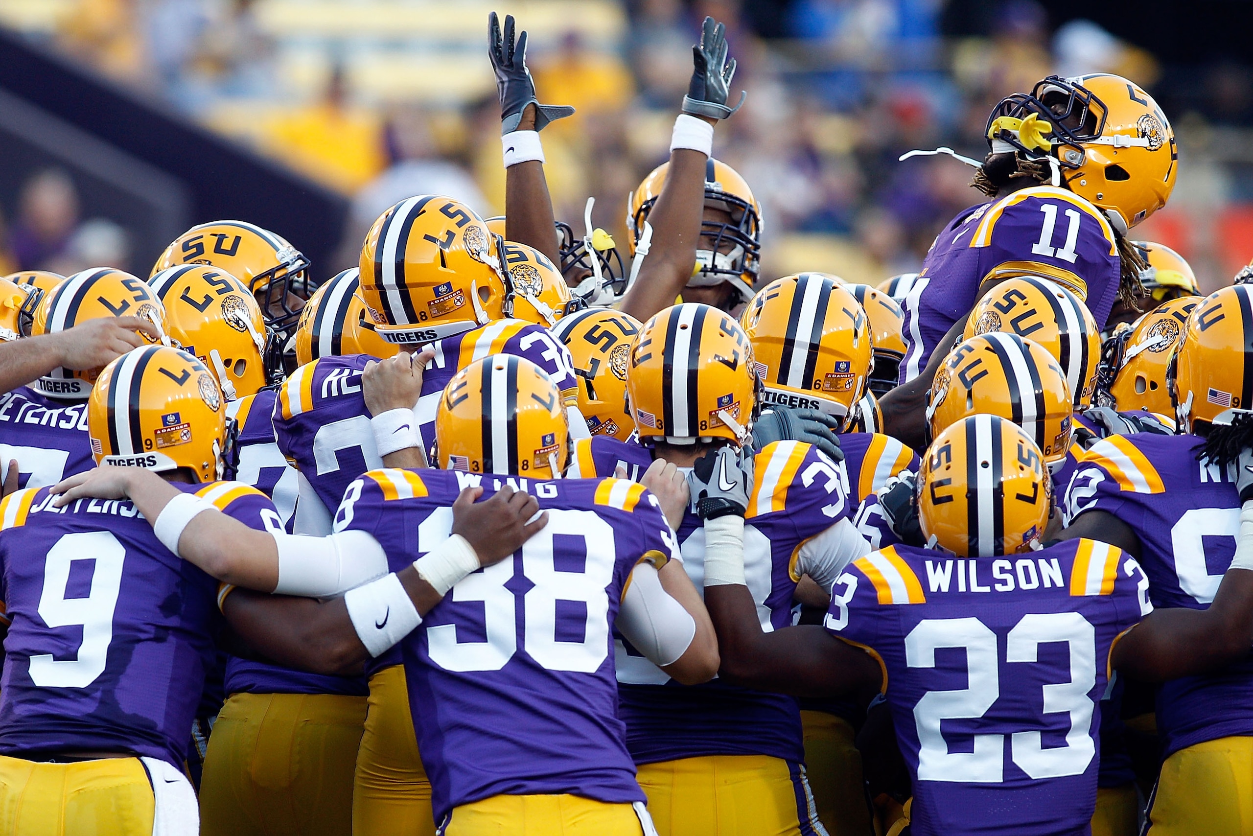 BATON ROUGE, LA - OCTOBER 16:  Members of the Louisiana State University Tigers warm up before playing the McNeese State Cowboys at Tiger Stadium on October 16, 2010 in Baton Rouge, Louisiana.  (Photo by Chris Graythen/Getty Images)