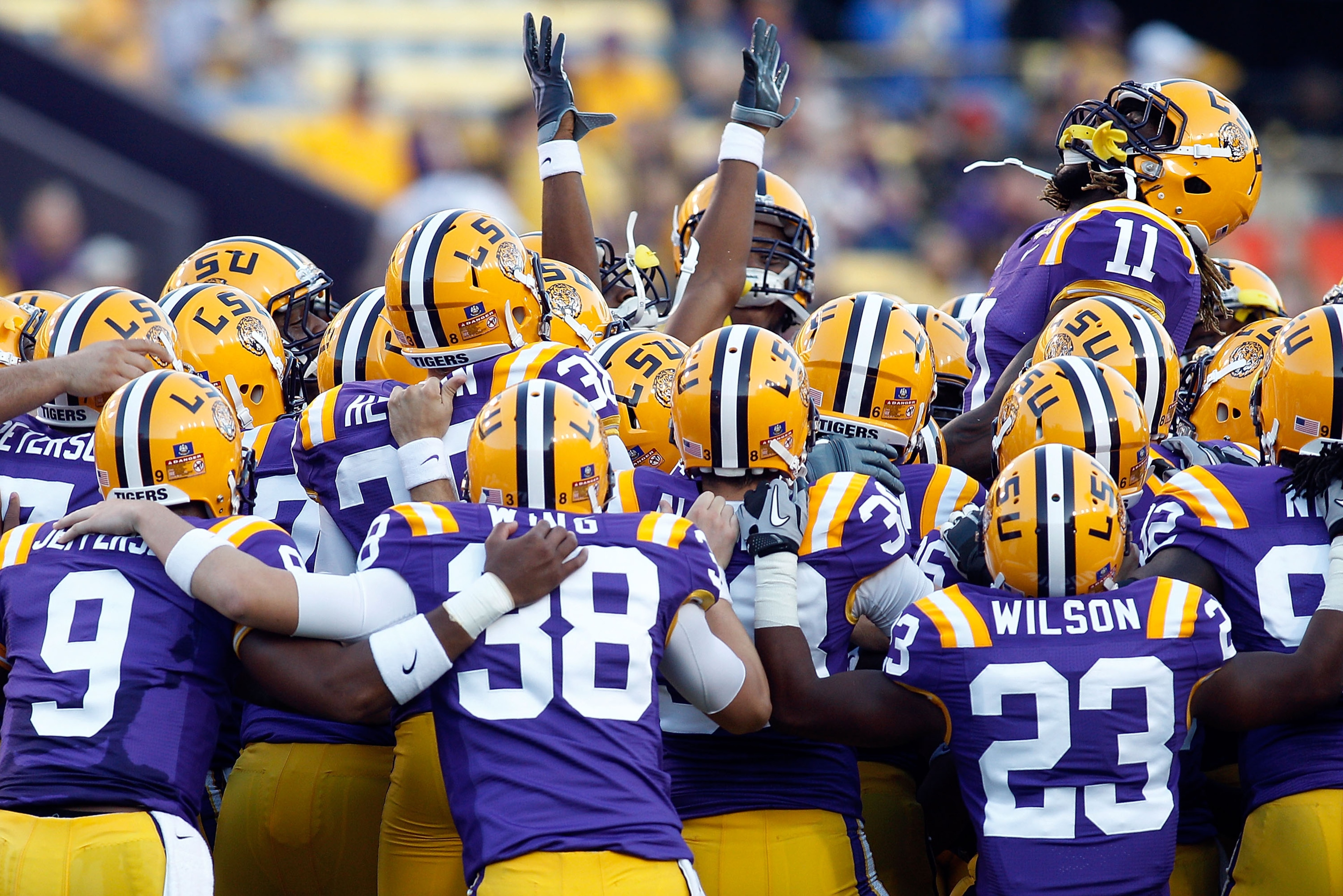 BATON ROUGE, LA - OCTOBER 16:  Members of the Louisiana State University Tigers warm up before playing the McNeese State Cowboys at Tiger Stadium on October 16, 2010 in Baton Rouge, Louisiana.  (Photo by Chris Graythen/Getty Images)