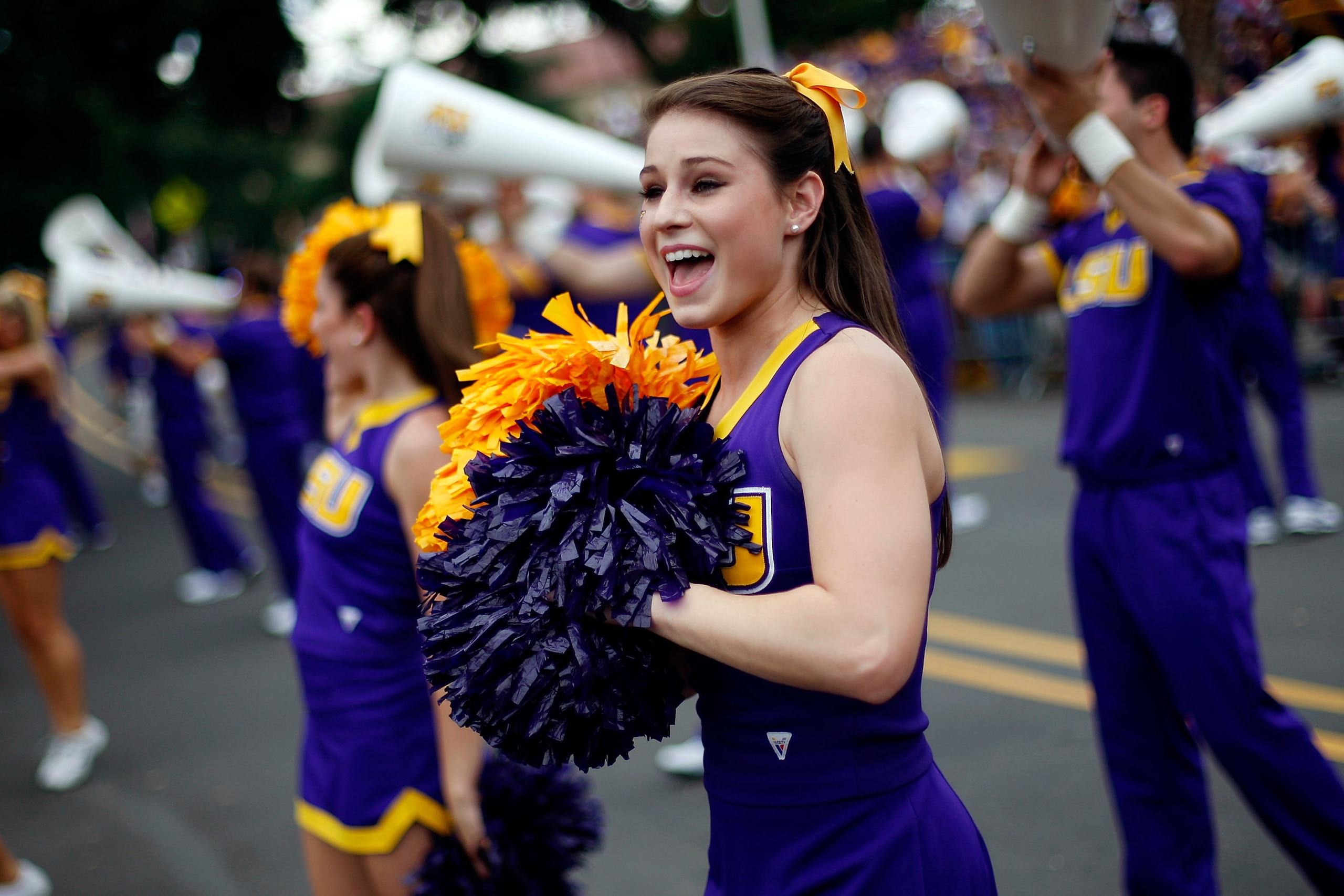 BATON ROUGE, LA - SEPTEMBER 19:  Members of the Louisiana State University Tigers Cheerleaders cheer for the crowd before playing the University of Louisiana-Lafatette Ragin' Cajuns at Tiger Stadium on September 19, 2009 in Baton Rouge, Louisiana.  (Photo