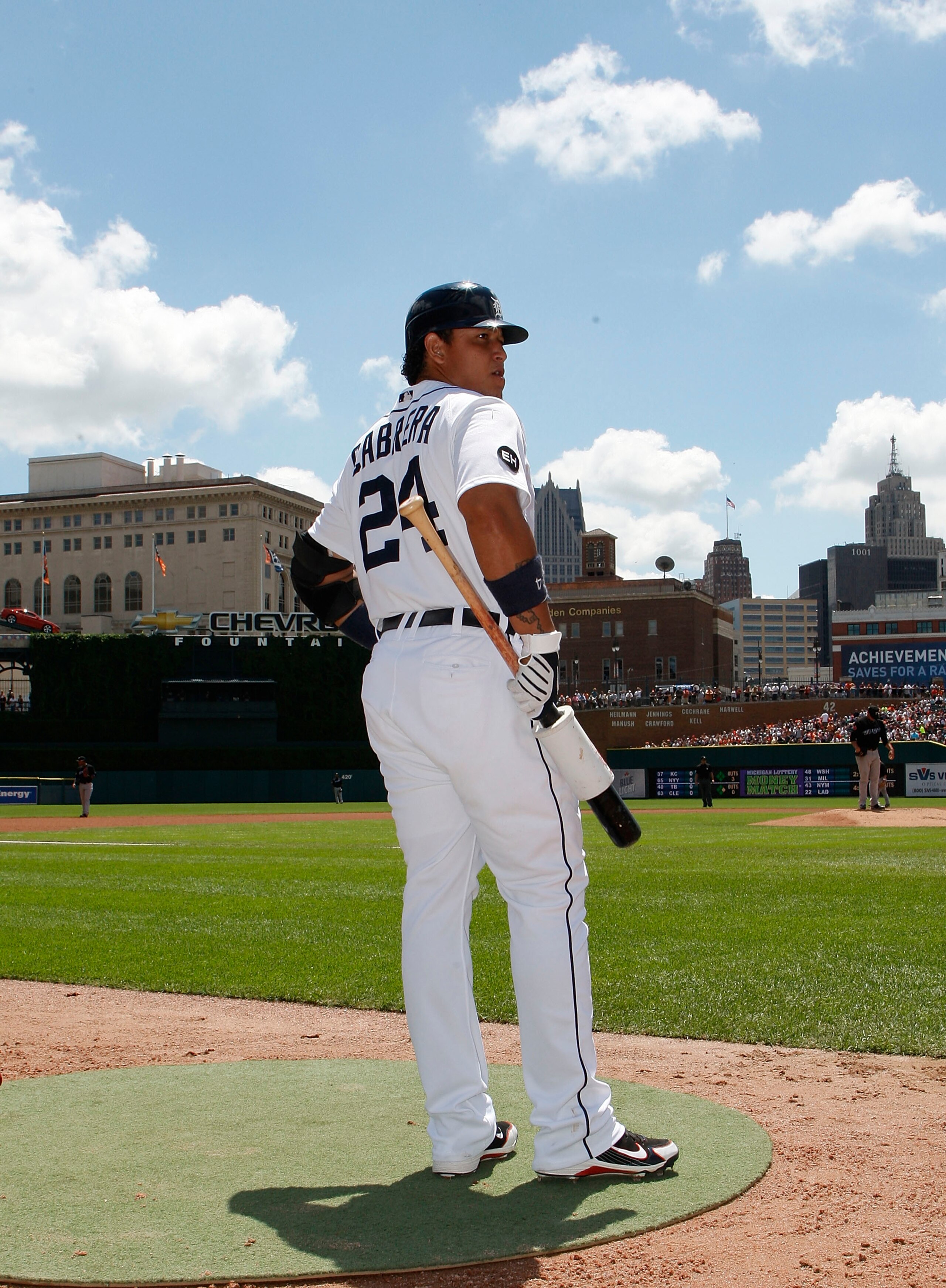 DETROIT - JULY 25: Miguel Cabrera #24 of the Detroit Tigers gets ready to bat during the first inning against the  Toronto Blue Jays on July 25, 2010 at Comerica Park in Detroit, Michigan. The Blue Jays defeated the Tigers 5-3.  (Photo by Leon Halip/Getty