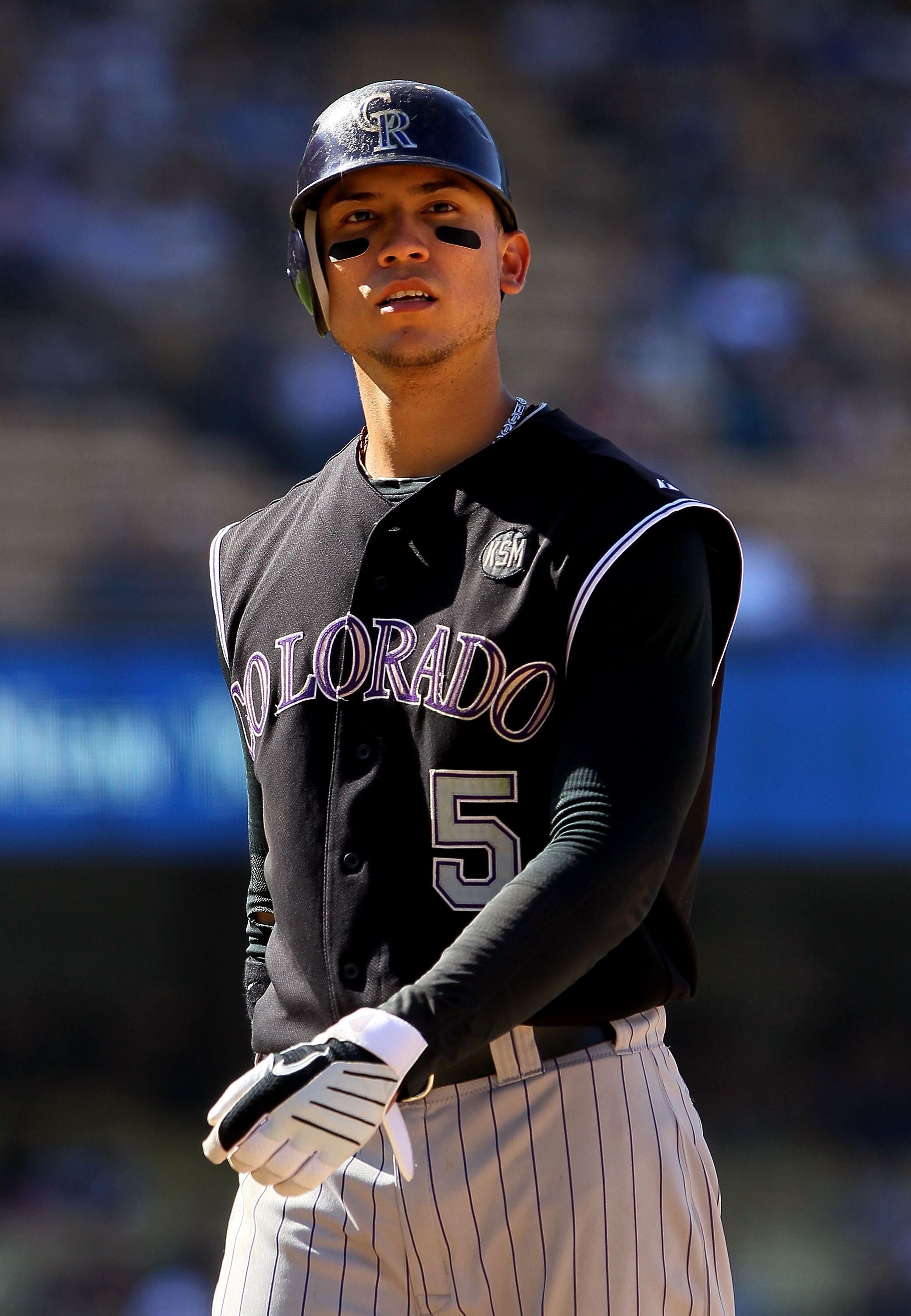 LOS ANGELES, CA - SEPTEMBER 18:  Carlos Gonzalez #5 of the Colorado Rockies plays against the Los Angeles Dodgers in the game at Dodger Stadium on September 18, 2010 in Los Angeles, California.  (Photo by Jeff Gross/Getty Images)