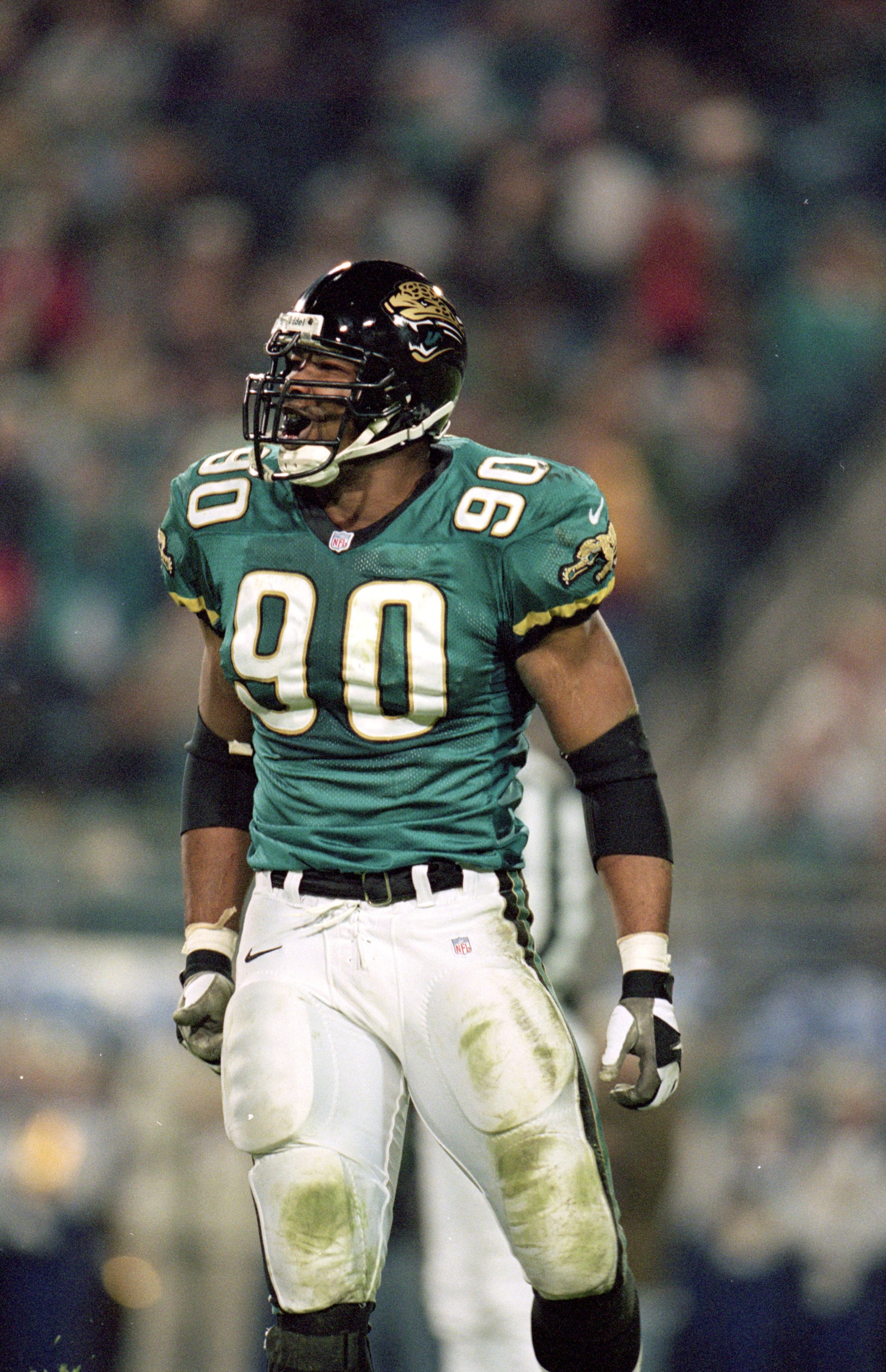 2 Dec 1999: Tony Brackens #90 of the Jacksonville Jaguars moves on the field during the game against the Pittsburgh Steelers at the Alltell Stadium in Jacksonville, Florida. The Jaguarss defeated the Steelers 20-6. Mandatory Credit: Andy Lyons /Allsport 2 Dec 1999: Tony Brackens #90 of the Jacksonville Jaguars moves on the field during the game against the Pittsburgh Steelers at the Alltell Stadium in Jacksonville, Florida. The Jaguarss defeated the Steelers 20-6. Mandatory Credit: Andy Lyons /Allsport