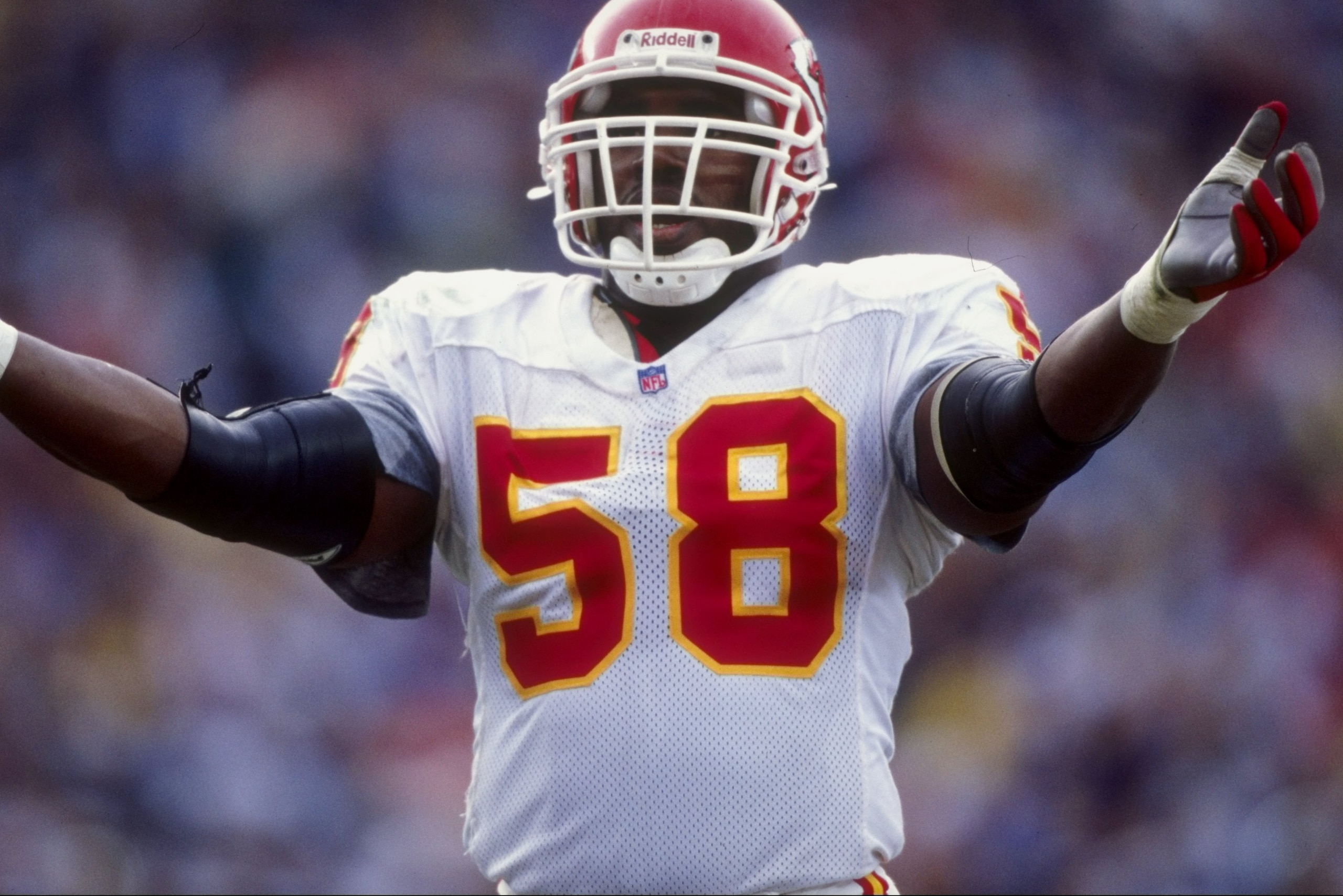 14 Dec 1997: Outside lineback Derrick Thomas #58 of the Kansas City Chiefs celebrates during a game against the San Diego Chargers at the Qualcomm Stadium in San Diego, California. The Chiefs defeated the Chargers 29-7. Mandatory Credit: Jed Jacobsohn / 14 Dec 1997: Outside lineback Derrick Thomas #58 of the Kansas City Chiefs celebrates during a game against the San Diego Chargers at the Qualcomm Stadium in San Diego, California. The Chiefs defeated the Chargers 29-7. Mandatory Credit: Jed Jacobsohn /