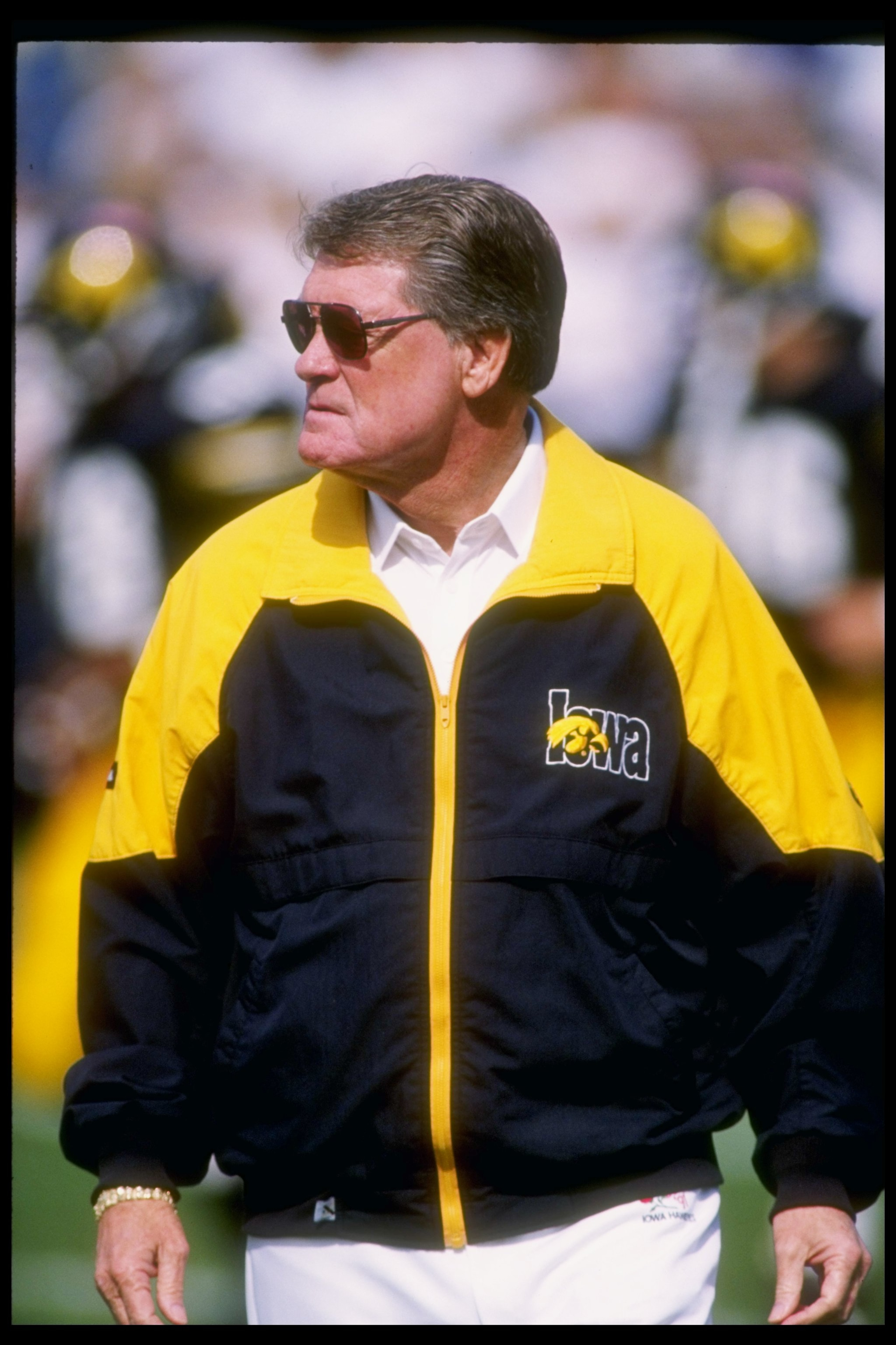 12 Sep 1992: Coach Hayden Fry of the Iowa Hawkeyes looks on during a game against the Iowa State Cyclones. The Iowa Hawkeyes won the game 21-7. 12 Sep 1992: Coach Hayden Fry of the Iowa Hawkeyes looks on during a game against the Iowa State Cyclones. The Iowa Hawkeyes won the game 21-7.