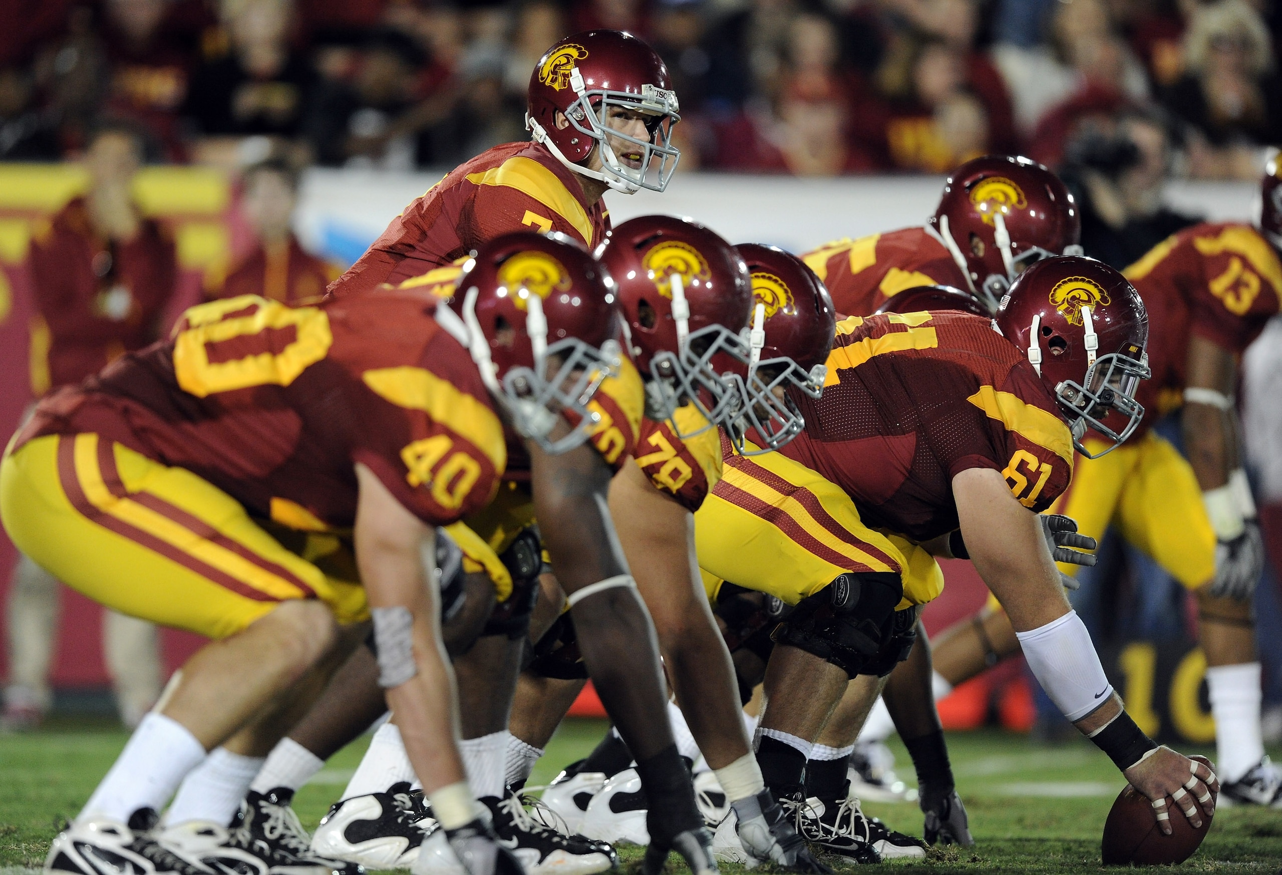 LOS ANGELES, CA - OCTOBER 30:  Matt Barkley #7 of the USC Trojans lines up against the Oregon Ducks at Los Angeles Memorial Coliseum on October 30, 2010 in Los Angeles, California.  (Photo by Harry How/Getty Images)
