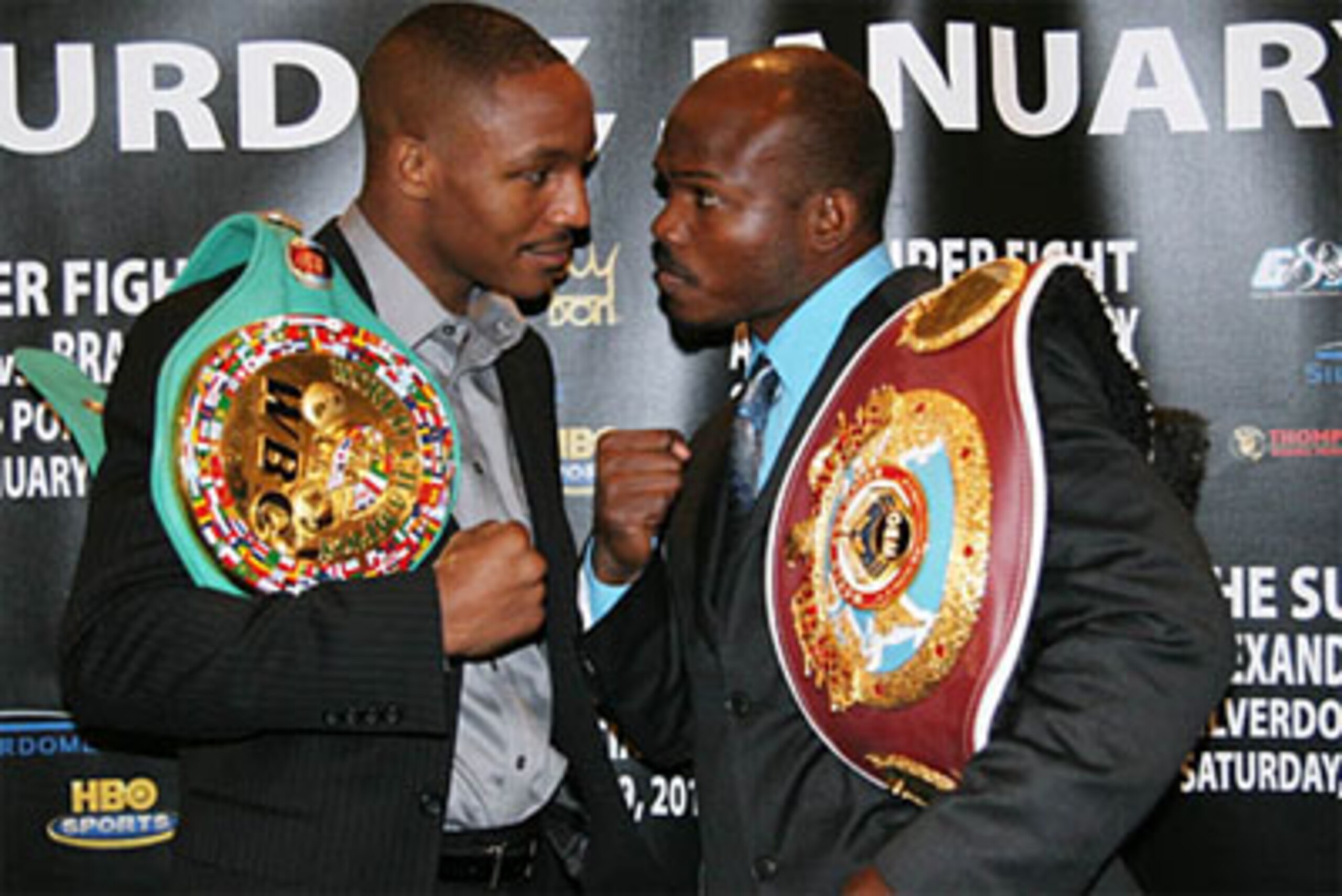 Devon Alexander (left) and Timothy Bradley (right) eyeball each other knowing their major world titles and undefeated records are on the line.