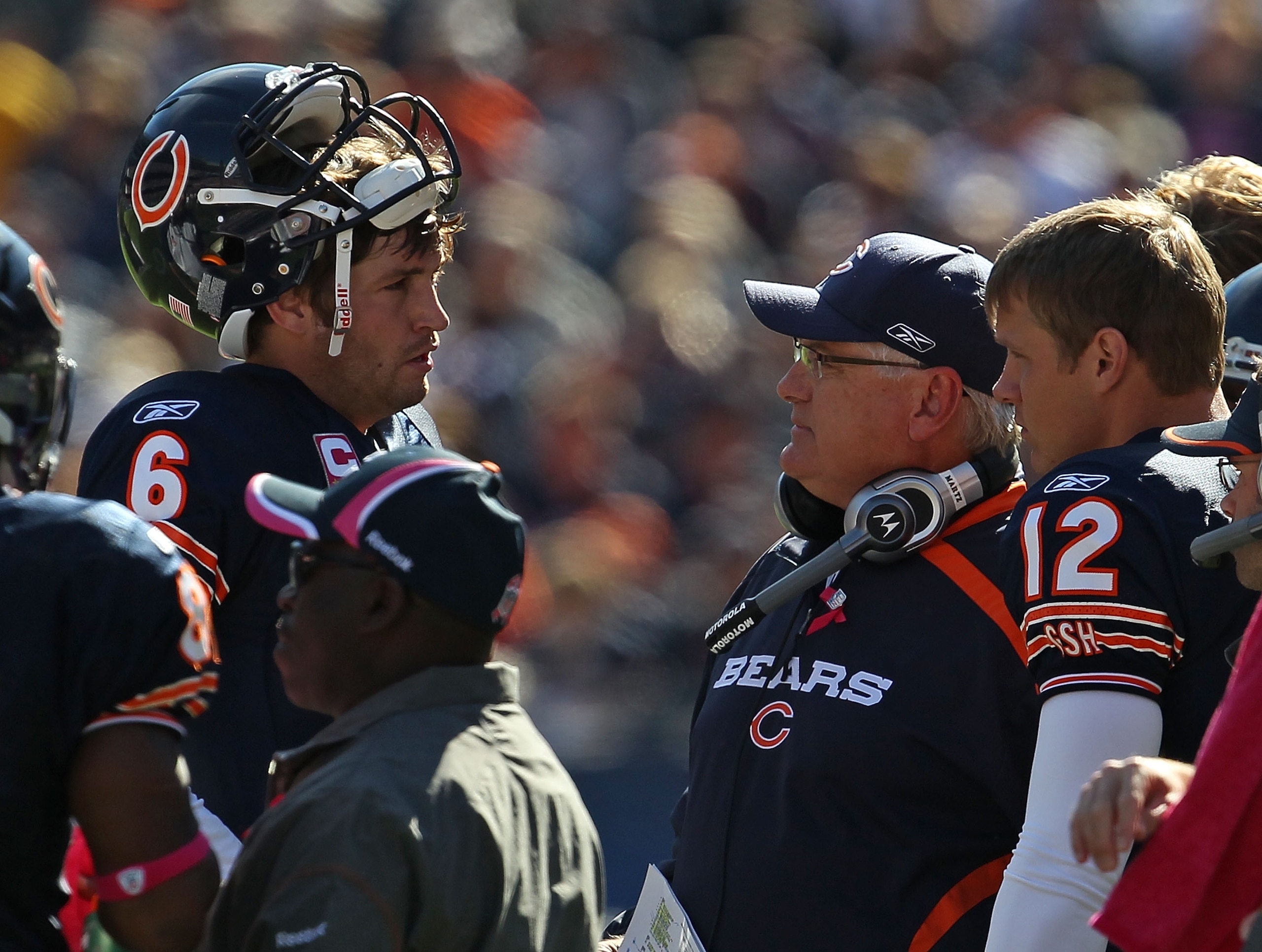 CHICAGO - OCTOBER 17: Jay Cutler #6 of the Chicago Bears talks with offensive coordinator Mike Martz during a time-out as Caleb Hanie #12 listens in against the Seattle Seahawks at Soldier Field on October 17, 2010 in Chicago, Illinois. The Seahawks defea CHICAGO - OCTOBER 17: Jay Cutler #6 of the Chicago Bears talks with offensive coordinator Mike Martz during a time-out as Caleb Hanie #12 listens in against the Seattle Seahawks at Soldier Field on October 17, 2010 in Chicago, Illinois. The Seahawks defea