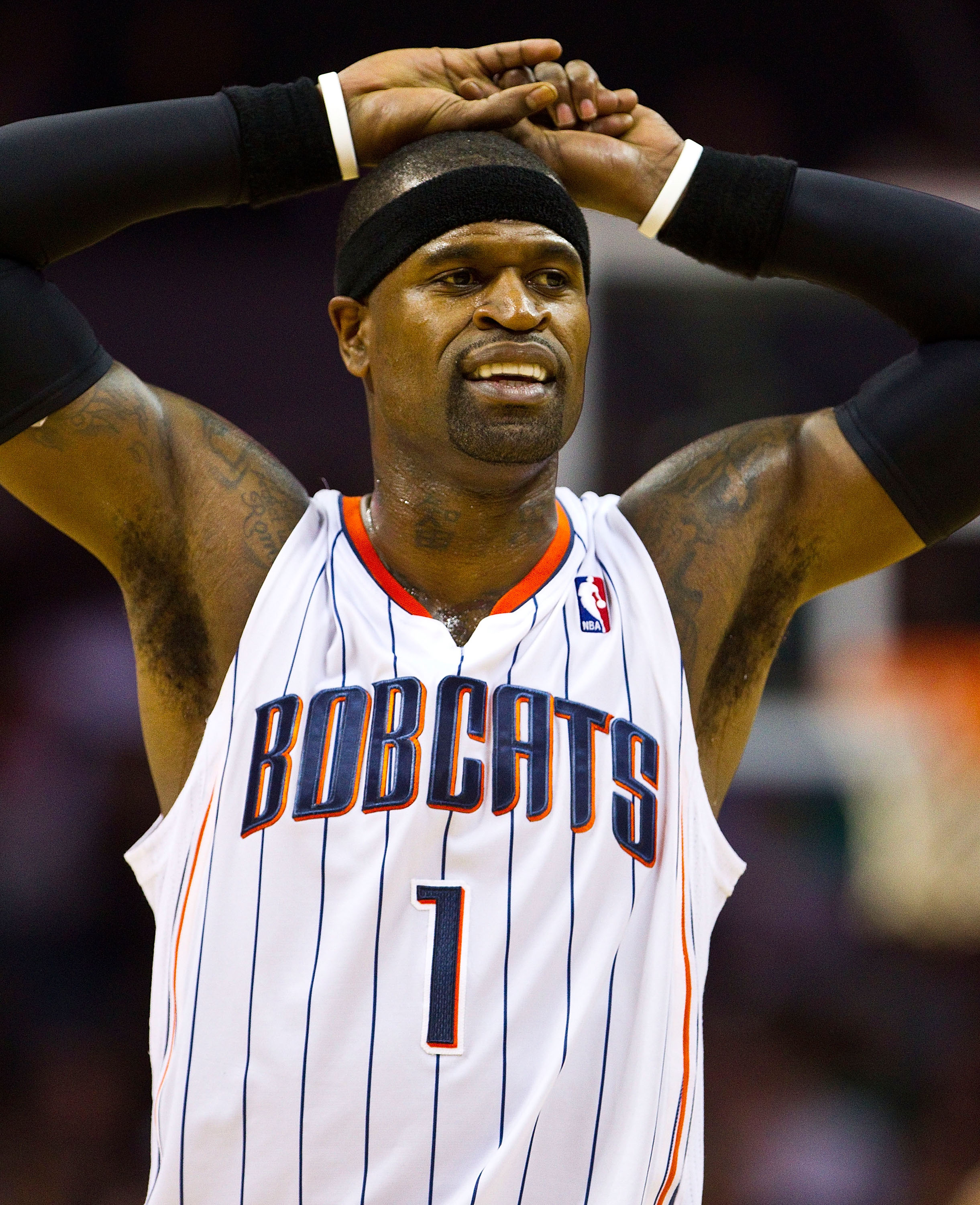 CHARLOTTE, NC - JANUARY 03: Stephen Jackson #1 of the Charlotte Bobcats reacts to a foul call late in the fourth quarter against the Miami Heat at Time Warner Cable Arena on January 3, 2011 in Charlotte, North Carolina.  The Heat defeated the Bobcats 96-8