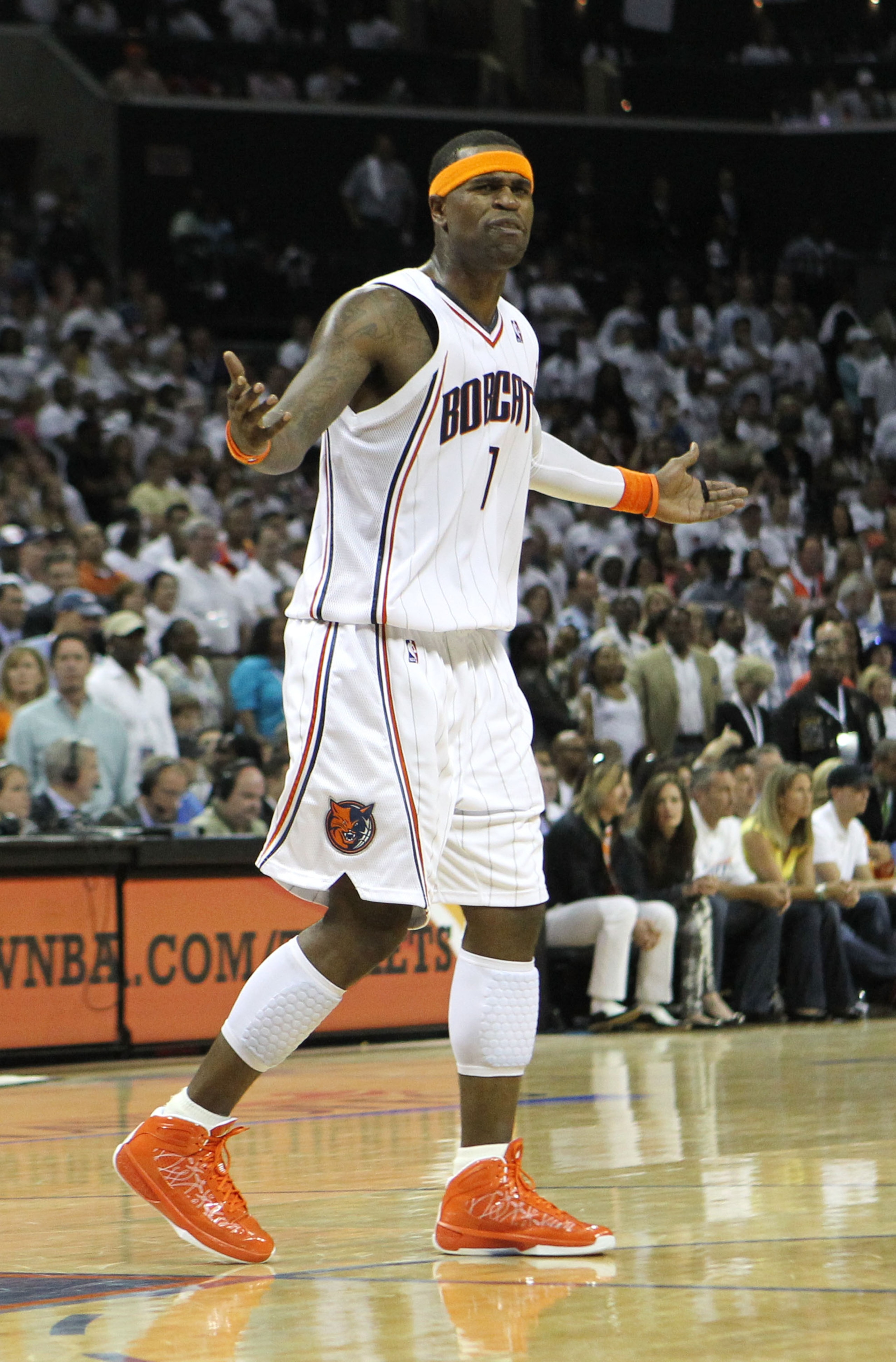 CHARLOTTE - APRIL 24:  Guard Stephen Jackson #1 of the Charlotte Bobcats argues a foul with the referee (not pictured) during Game Three of the Eastern Conference Quarterfinals against the Orlando Magic during the 2010 NBA Playoffs at Time Warner Cable Ar