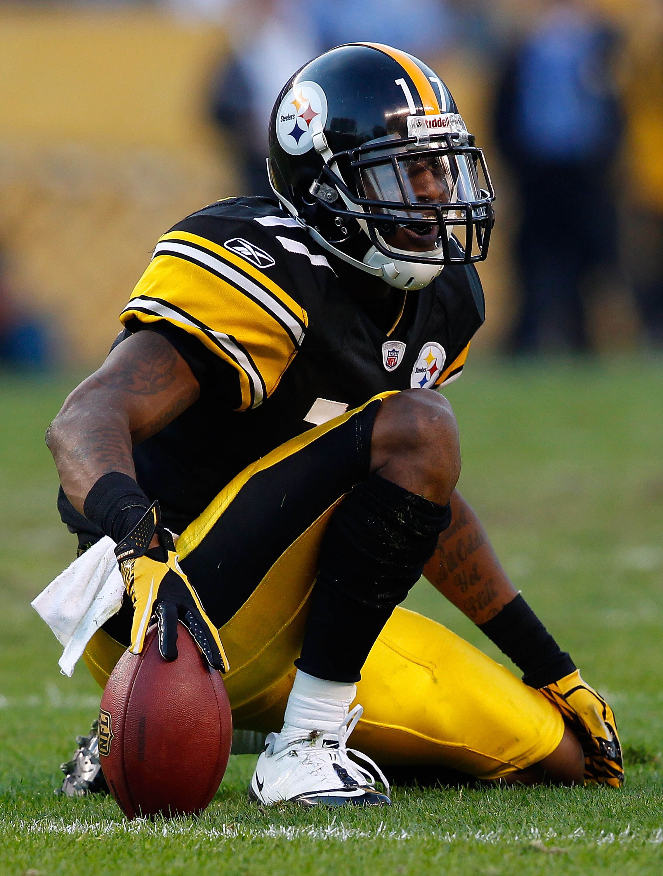 PITTSBURGH - NOVEMBER 21:  Mike Wallace #17 of the Pittsburgh Steelers celebrates after catching a pass for a first down against the Oakland Raiders during the game on November 21, 2010 at Heinz Field in Pittsburgh, Pennsylvania.  (Photo by Jared Wickerha