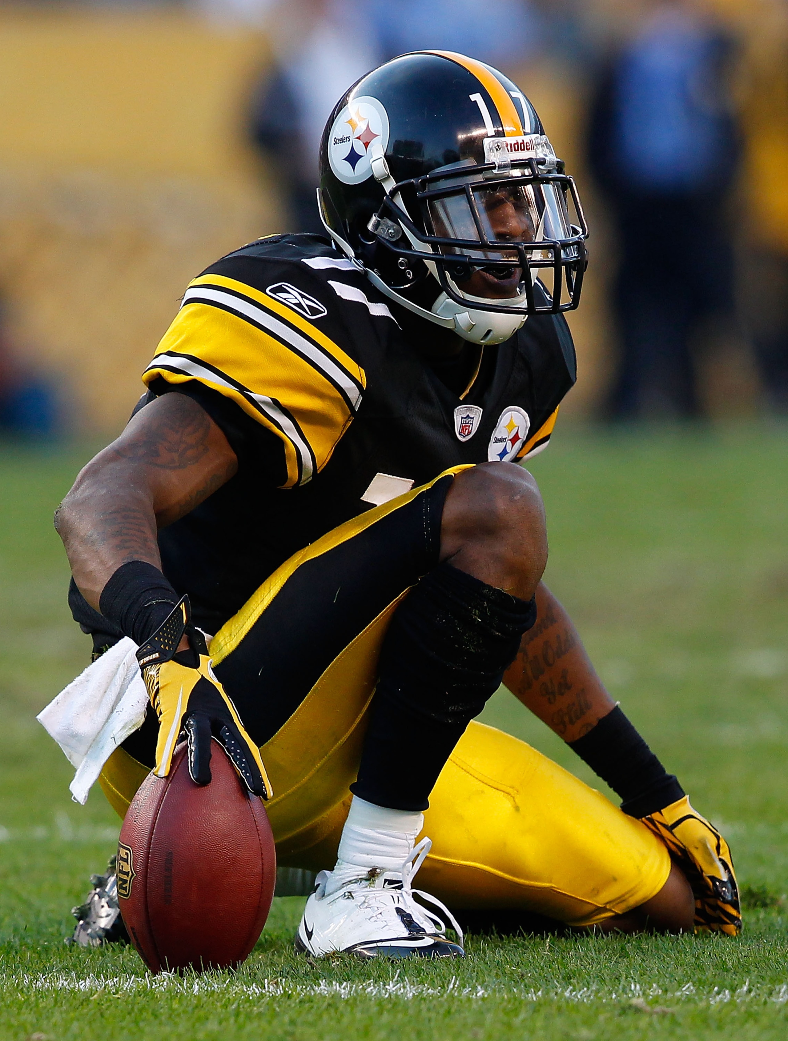 PITTSBURGH - NOVEMBER 21:  Mike Wallace #17 of the Pittsburgh Steelers celebrates after catching a pass for a first down against the Oakland Raiders during the game on November 21, 2010 at Heinz Field in Pittsburgh, Pennsylvania.  (Photo by Jared Wickerha
