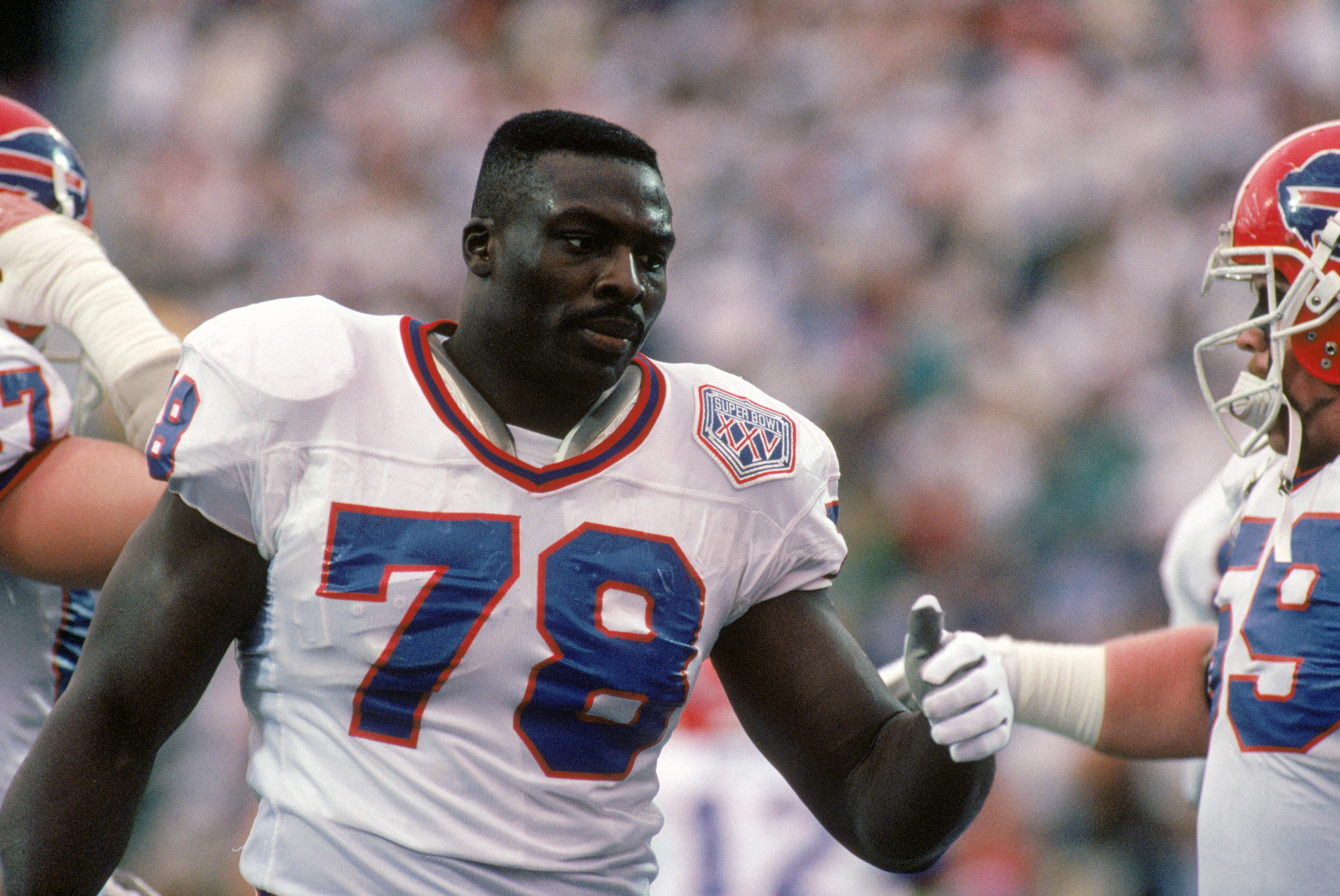 TAMPA, FL - JANUARY 27: Defensive end Bruce Smith #78 of the Buffalo Bills on the field during Super Bowl XXV against the New York Giants at Tampa Stadium on January 27, 1991 in Tampa, Florida. The Giants won 20-19. (Photo by George Rose/Getty Images)