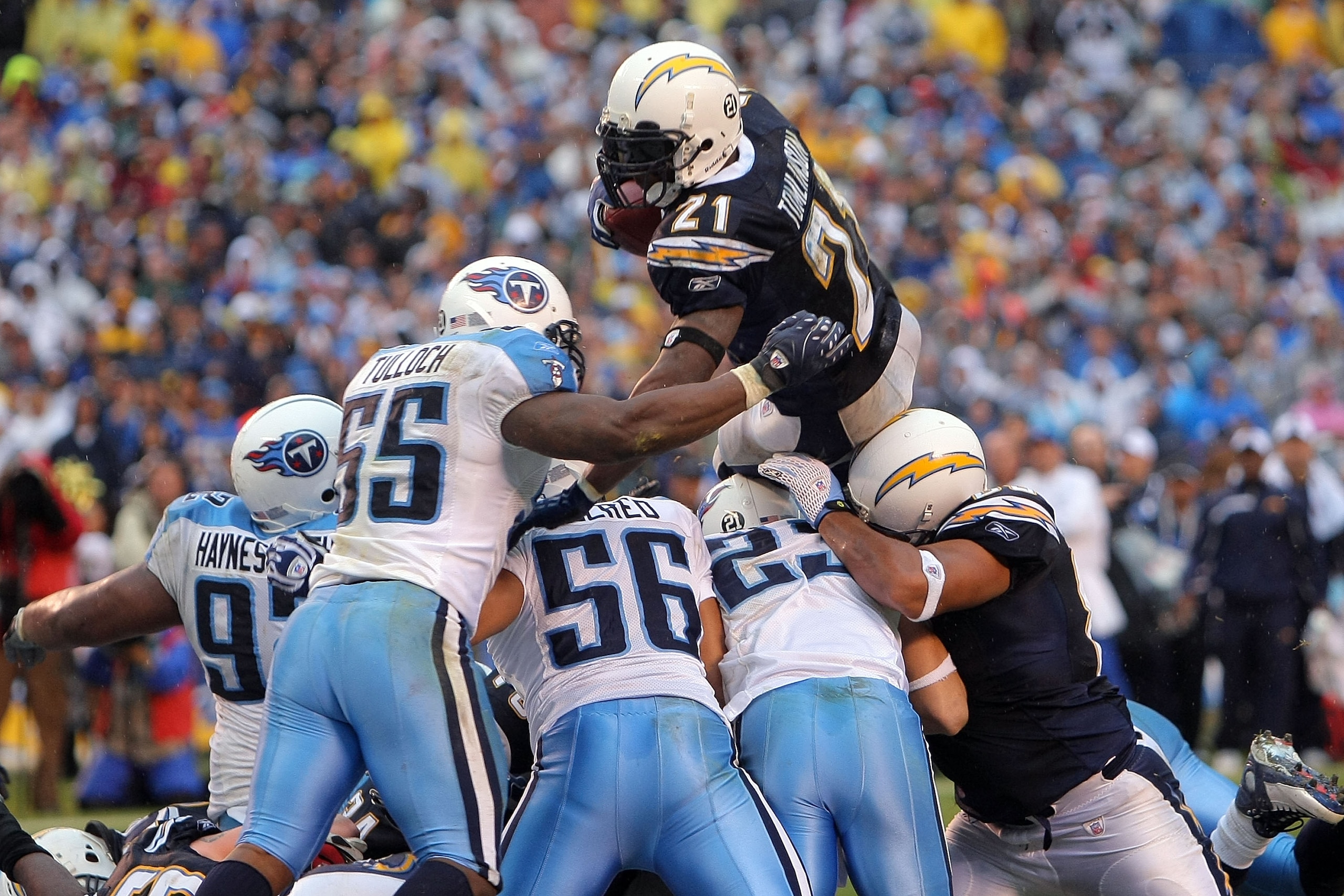 SAN DIEGO - JANUARY 06:  LaDainian Tomlinson #21 of the San Diego Chargers jumps toward the end zone en route to a touchdown in the fourth quarter against the Tennessee Titans during their AFC Wild Card Playoff Game at Qualcomm Stadium on January 6, 2008