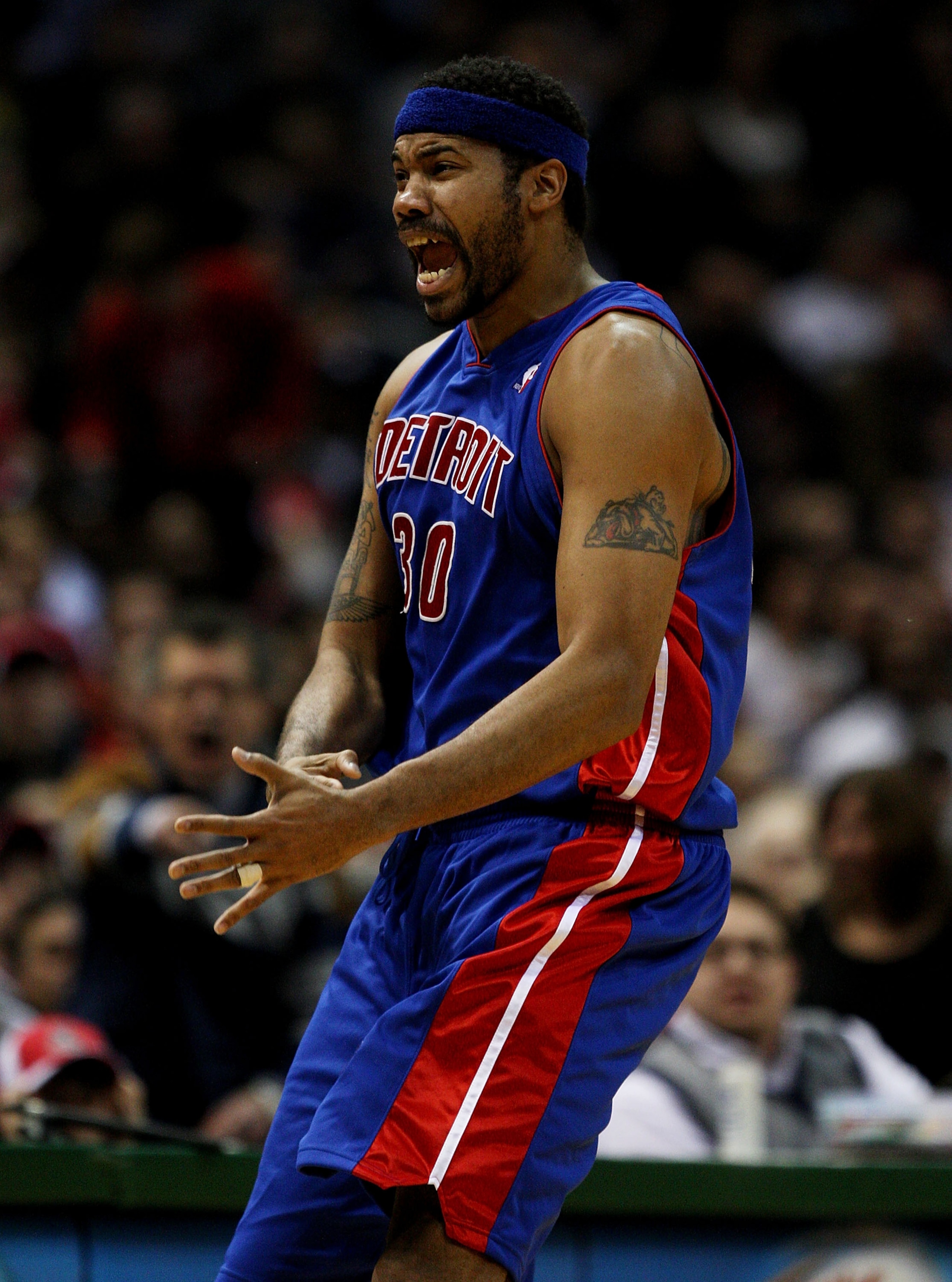 MILWAUKEE - FEBRUARY 07: Rasheed Wallace #30 of the Detroit Pistons reacts after being called for a technical foul against the Milwaukee Bucks on February 7, 2009 at the Bradley Center in Milwaukee, Wisconsin. The Pistons defeated the Bucks 126-121 in ove MILWAUKEE - FEBRUARY 07: Rasheed Wallace #30 of the Detroit Pistons reacts after being called for a technical foul against the Milwaukee Bucks on February 7, 2009 at the Bradley Center in Milwaukee, Wisconsin. The Pistons defeated the Bucks 126-121 in ove