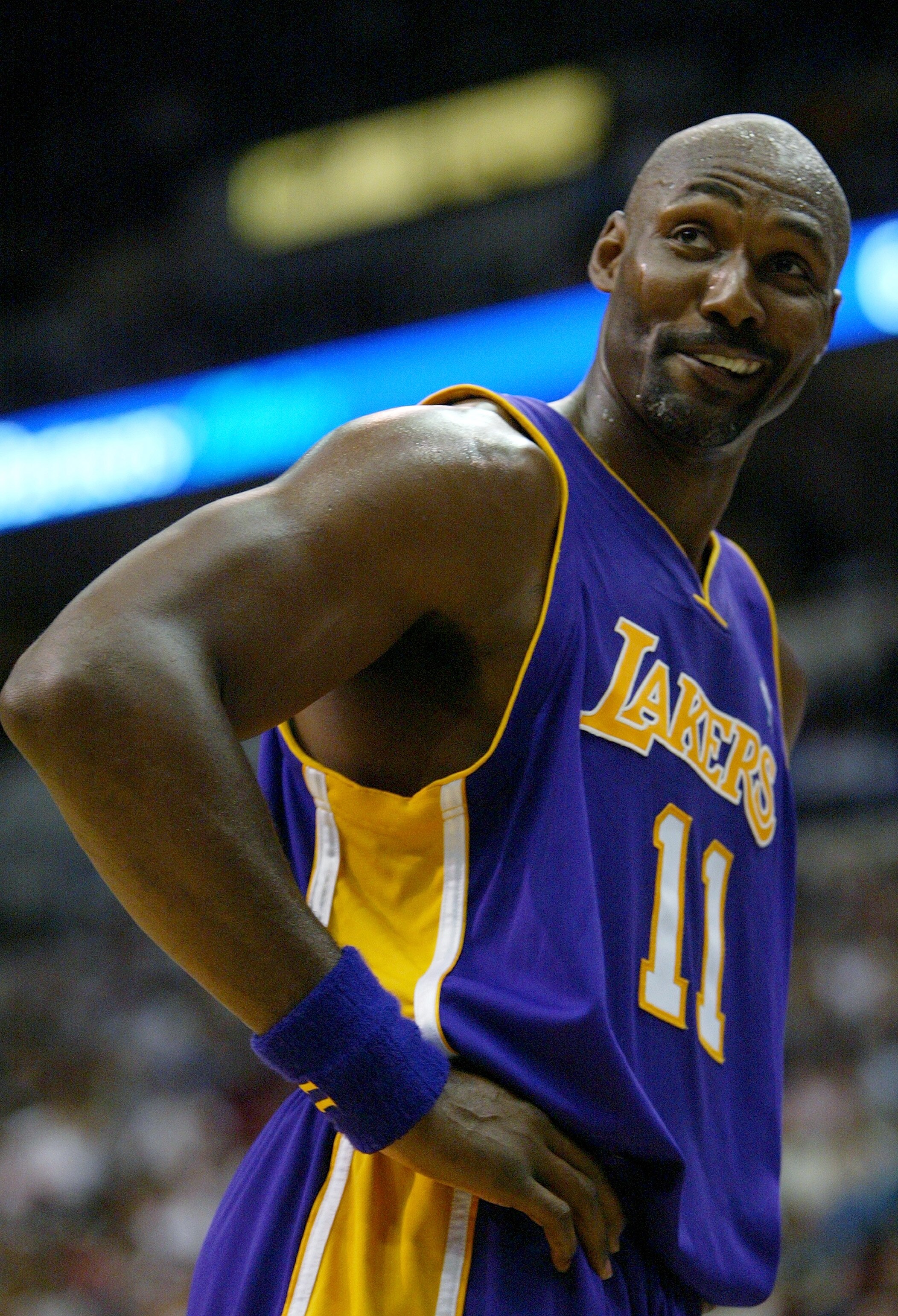 MINNEAPOLIS - MAY 21:  Karl Malone #11 of the Los Angeles Lakers smiles in Game One of the Western Conference Finals against the Minnesota Timberwolves during the 2004 NBA Playoffs at Target Center on May 21, 2004 in Minneapolis, Minnesota.  The Lakers wo
