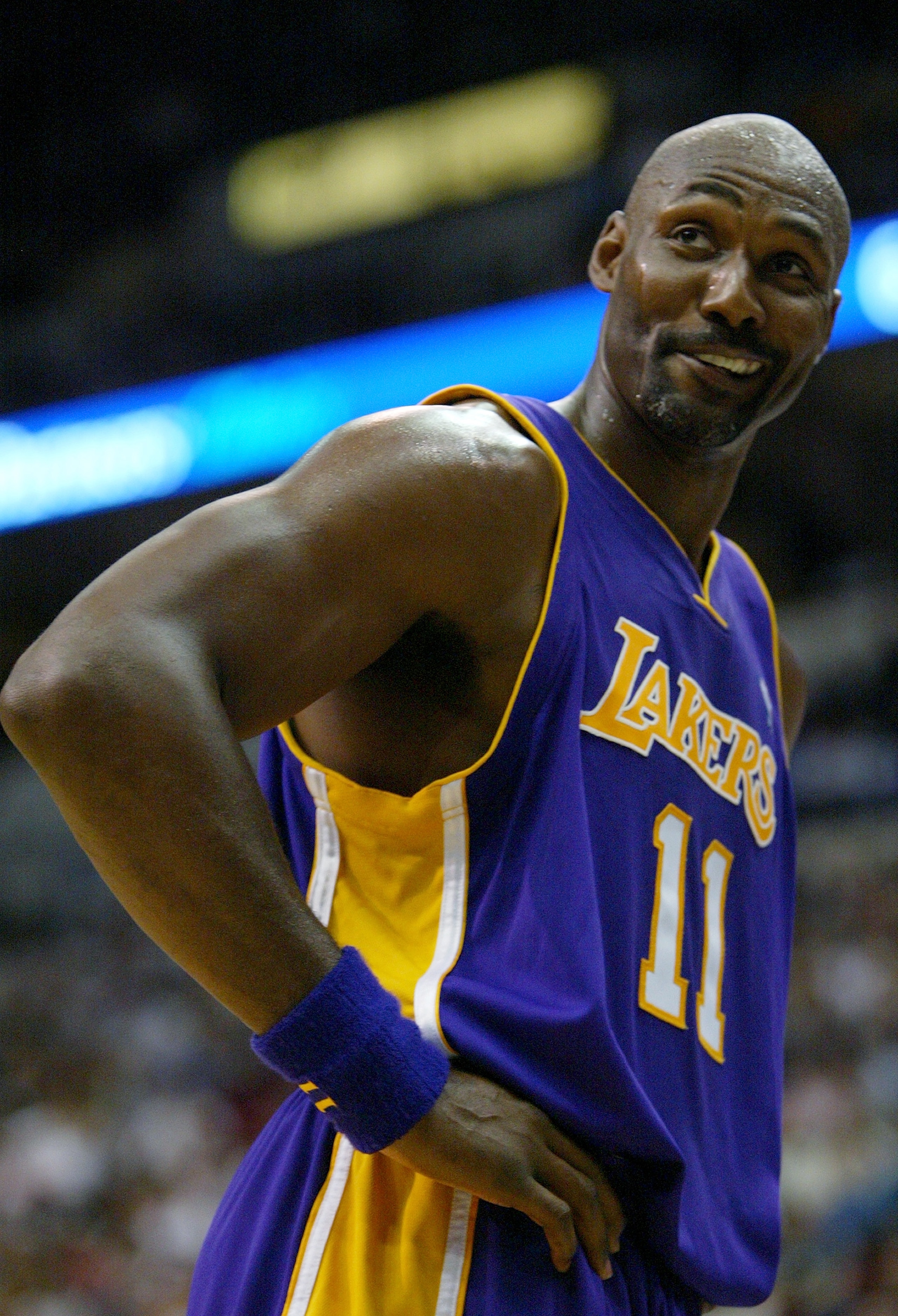 MINNEAPOLIS - MAY 21: Karl Malone #11 of the Los Angeles Lakers smiles in Game One of the Western Conference Finals against the Minnesota Timberwolves during the 2004 NBA Playoffs at Target Center on May 21, 2004 in Minneapolis, Minnesota. The Lakers wo MINNEAPOLIS - MAY 21: Karl Malone #11 of the Los Angeles Lakers smiles in Game One of the Western Conference Finals against the Minnesota Timberwolves during the 2004 NBA Playoffs at Target Center on May 21, 2004 in Minneapolis, Minnesota. The Lakers wo
