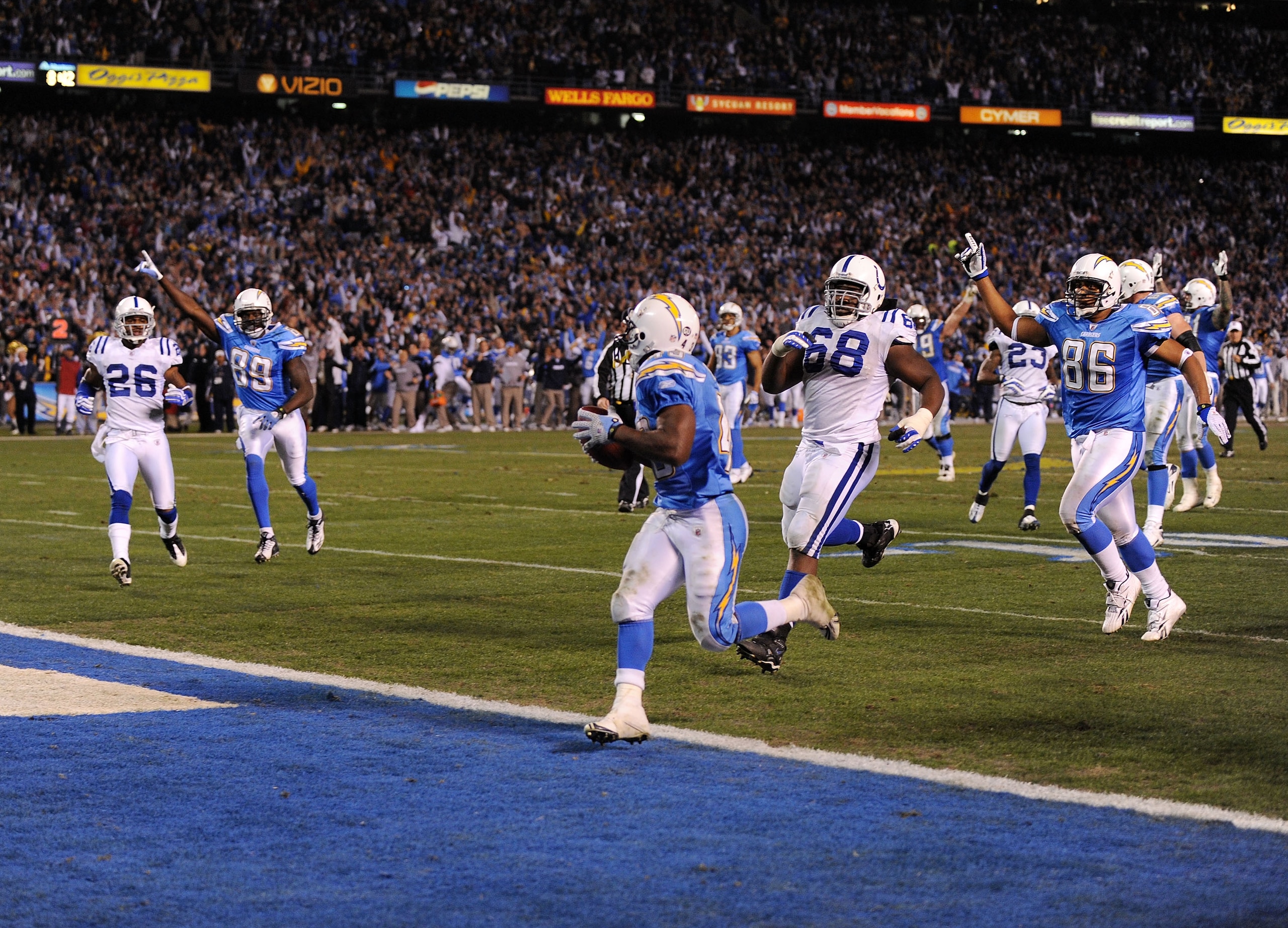 SAN DIEGO - JANUARY 03:  Darren Sproles #43 of the San Diego Chargers scores the winning touchdown against the Indianapolis Colts during their AFC Wild Card Game on January 3, 2009 at Qualcomm Stadium in San Diego, California.  (Photo by Harry How/Getty I
