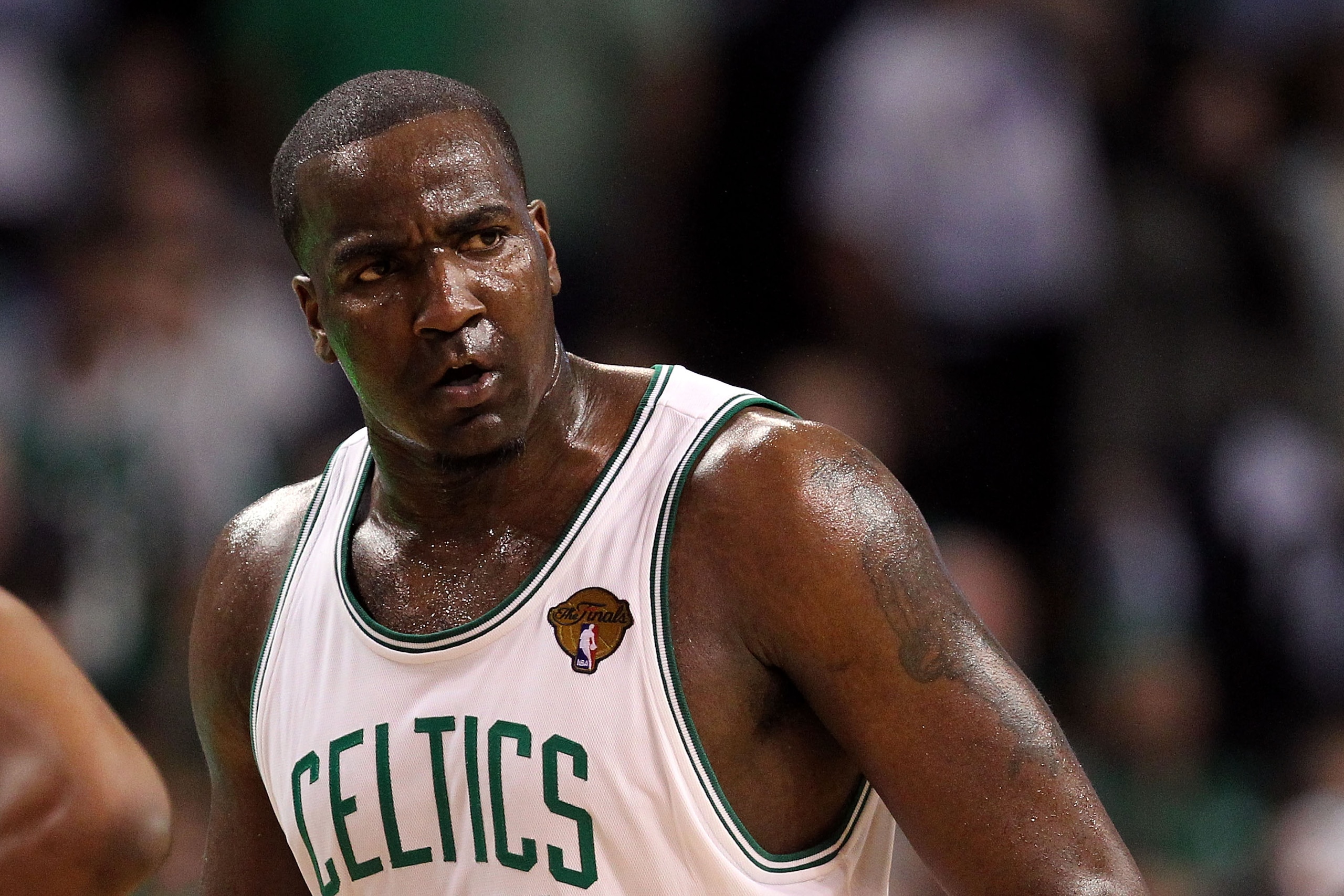 BOSTON - JUNE 10: Kendrick Perkins #43 of the Boston Celltics looks on against the Los Angeles Lakers during Game Four of the 2010 NBA Finals on June 10, 2010 at TD Garden in Boston, Massachusetts. NOTE TO USER: User expressly acknowledges and agrees tha BOSTON - JUNE 10: Kendrick Perkins #43 of the Boston Celltics looks on against the Los Angeles Lakers during Game Four of the 2010 NBA Finals on June 10, 2010 at TD Garden in Boston, Massachusetts. NOTE TO USER: User expressly acknowledges and agrees tha