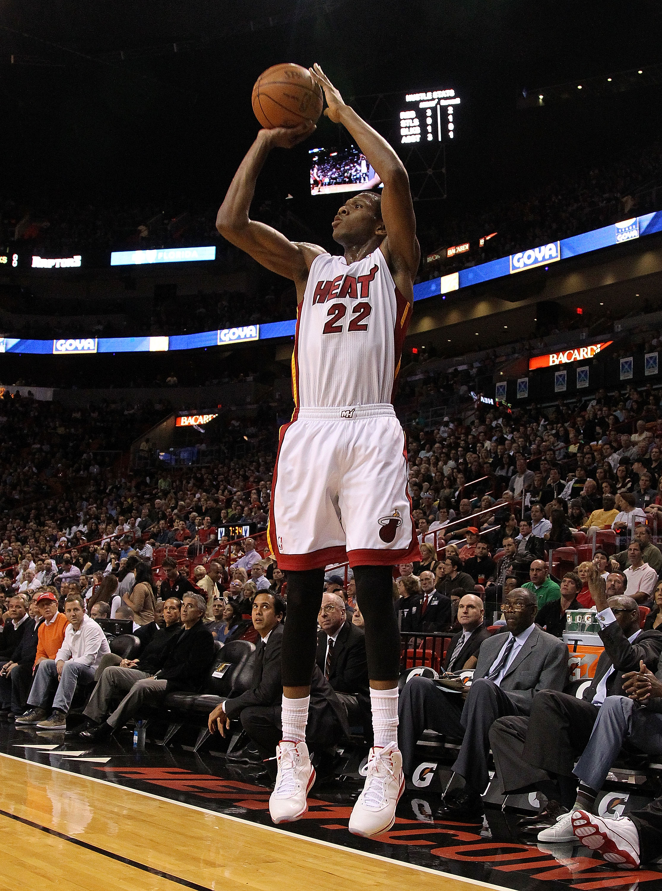 MIAMI, FL - JANUARY 22: James Jones #22 of the Miami Heat shoots a jumpshot during a game against the Toronto Raptors at American Airlines Arena on January 22, 2011 in Miami, Florida. NOTE TO USER: User expressly acknowledges and agrees that, by downloadi