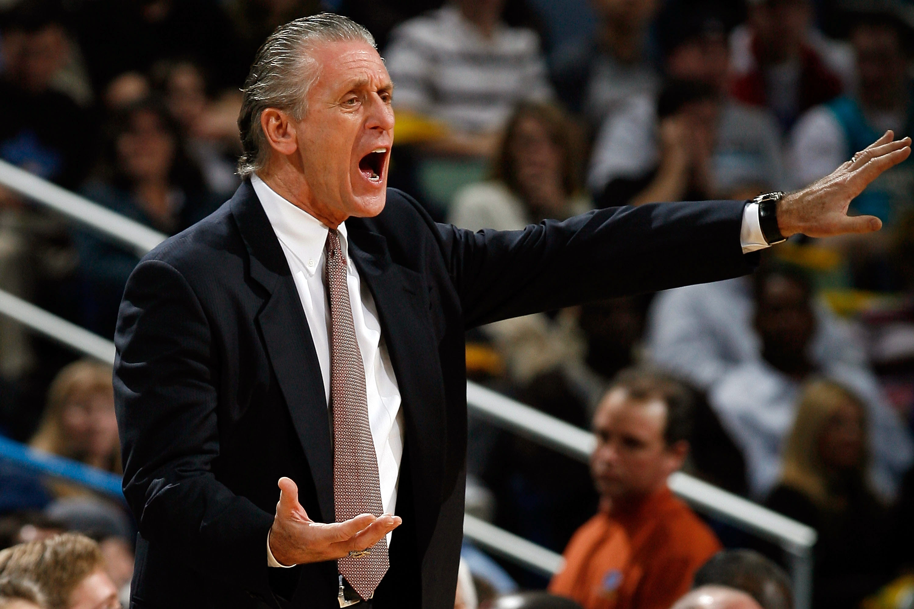 NEW ORLEANS - JANUARY 11:  Head coach Pat Riley of the Miami Heat calls a play against the New Orleans Hornets on January 11, 2008 at the New Orleans Arena in New Orleans, Louisiana. The Hornets defeated the Heat 114-88.   NOTE TO USER: User expressly ack