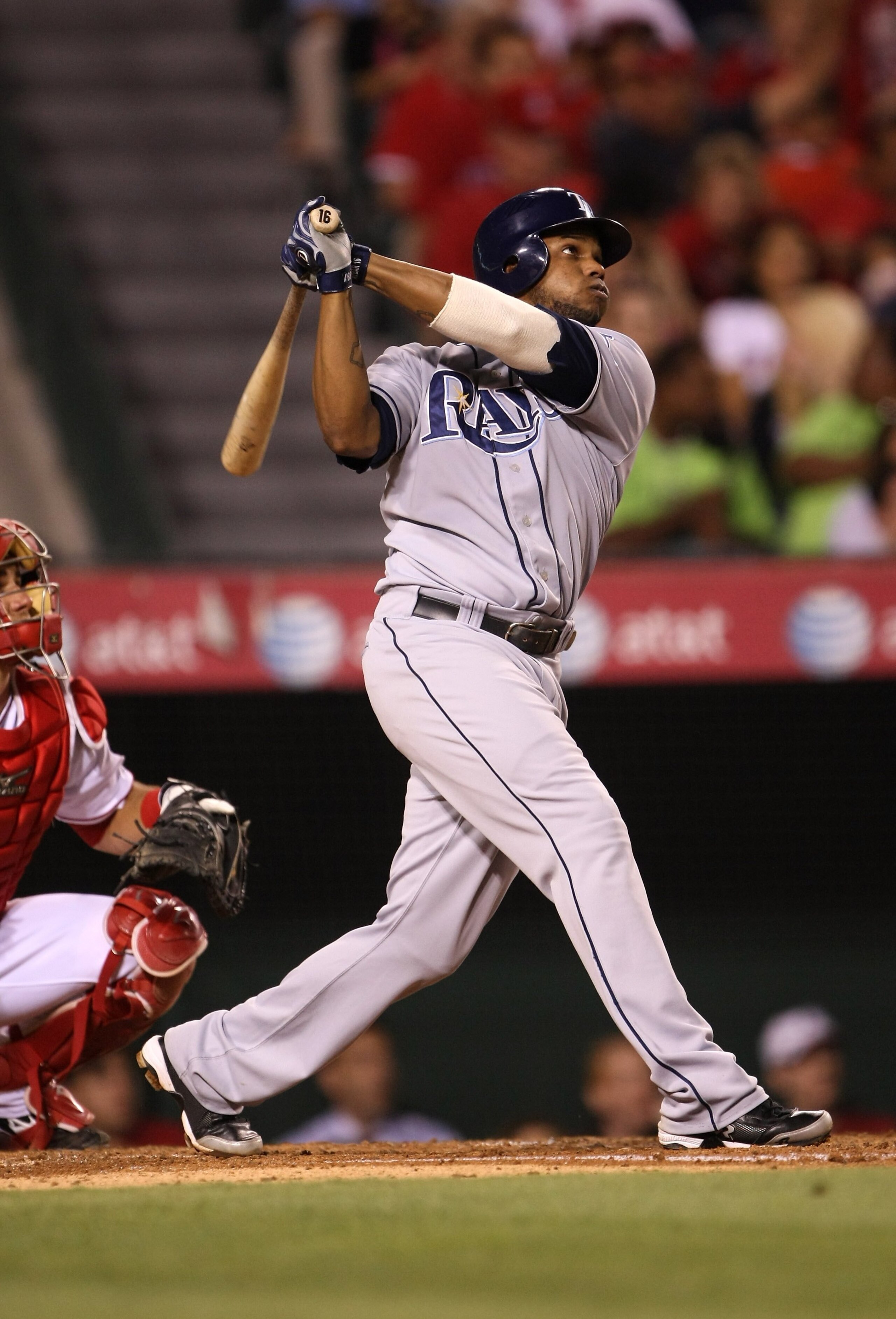 ANAHEIM, CA - AUGUST 11:  Willy Aybar  #16 of the Tampa Bay Rays bats against the Los Angeles Angels of Anaheimon August 11, 2009 at Angel Stadium in Anaheim, California.  (Photo by Stephen Dunn/Getty Images)